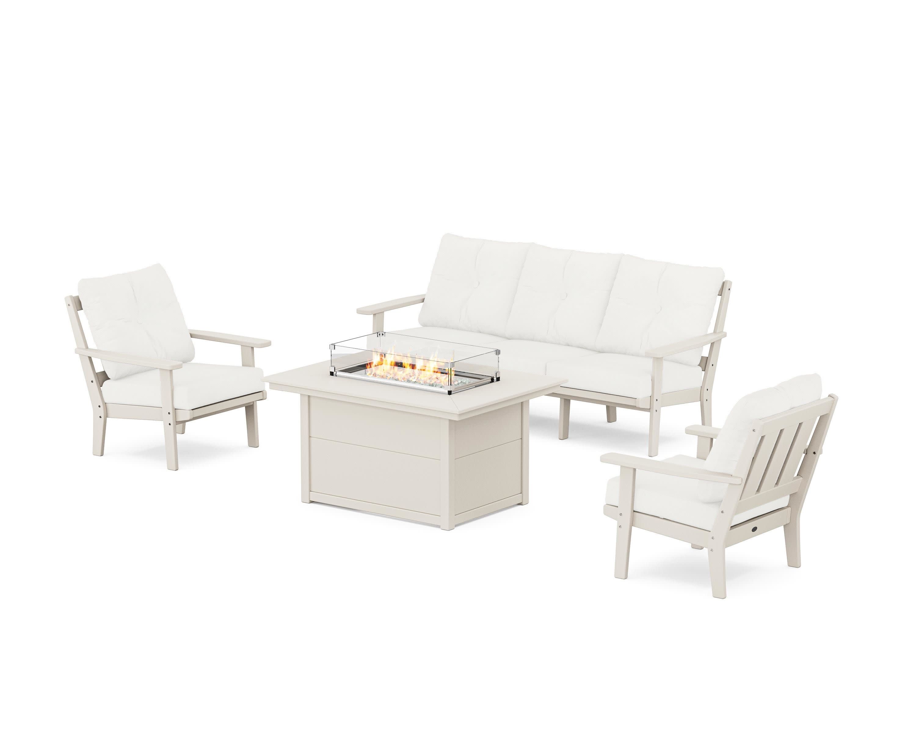 Oxford Deep Seating Fire Pit Table Set in Sand / Natural Linen