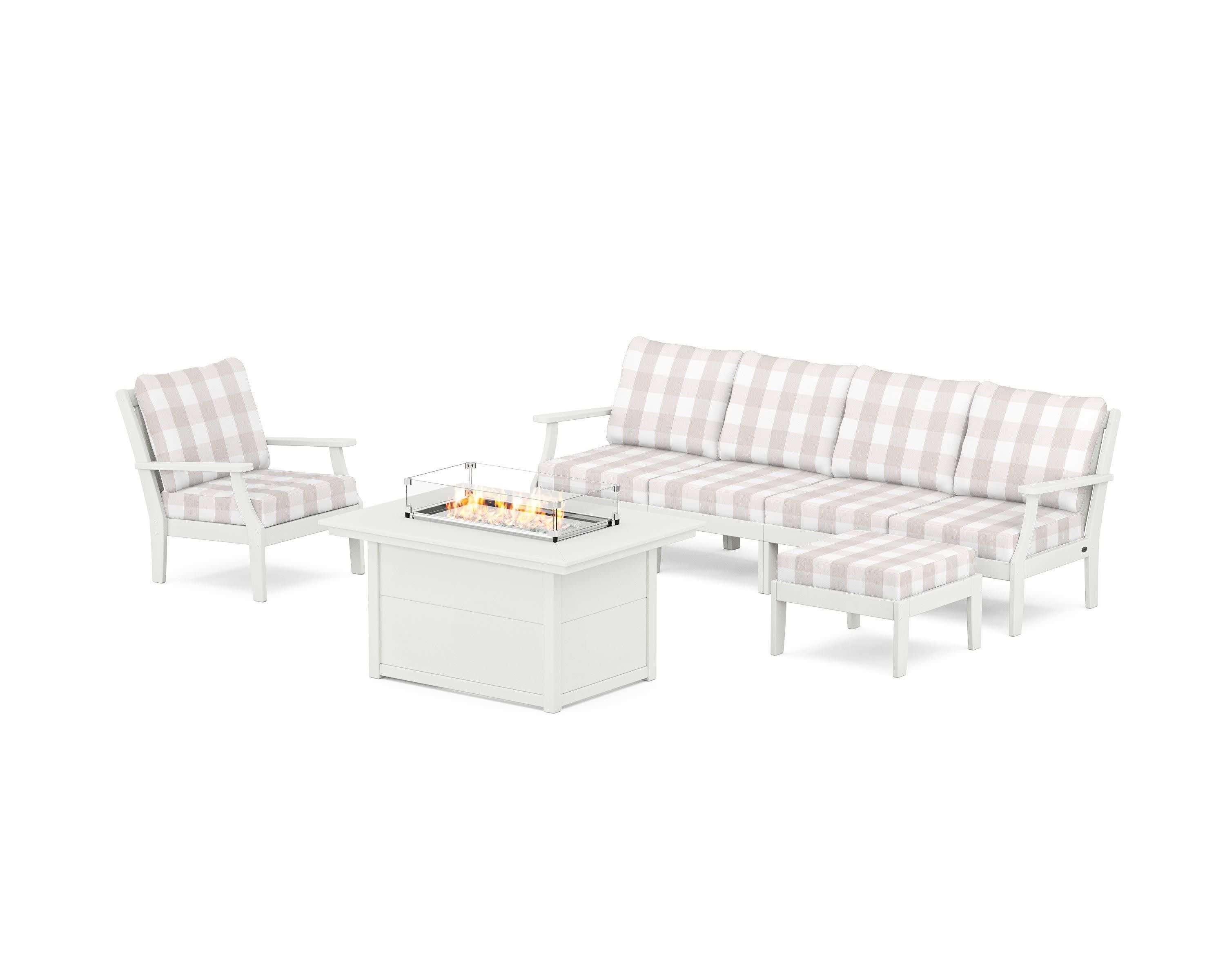 Braxton Sectional Lounge and Fire Pit Set in Vintage White / Buffalo Plaid Dune Burlap