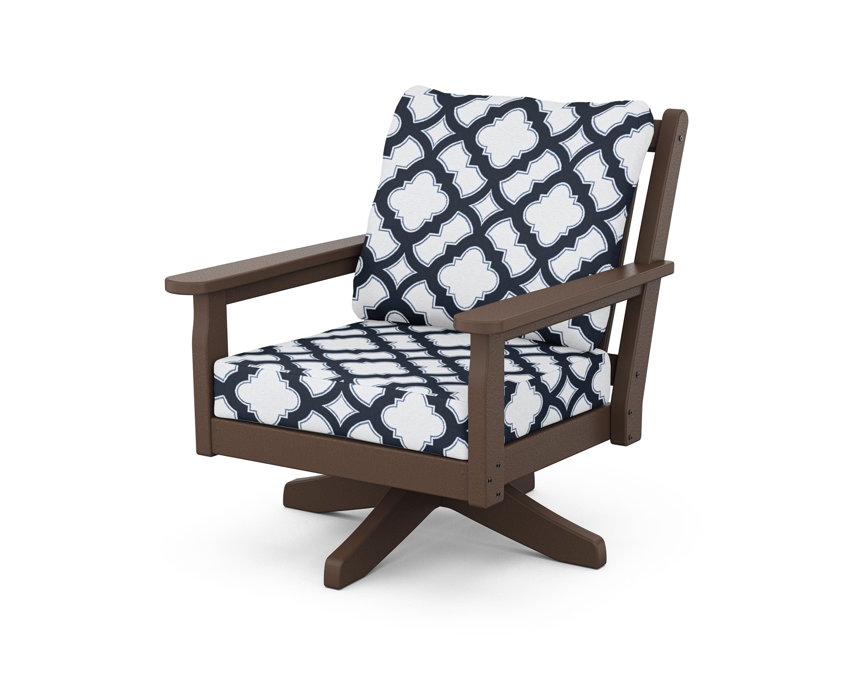 Chippendale Deep Seating Swivel Chair in Mahogany / Trellis Marine Indigo