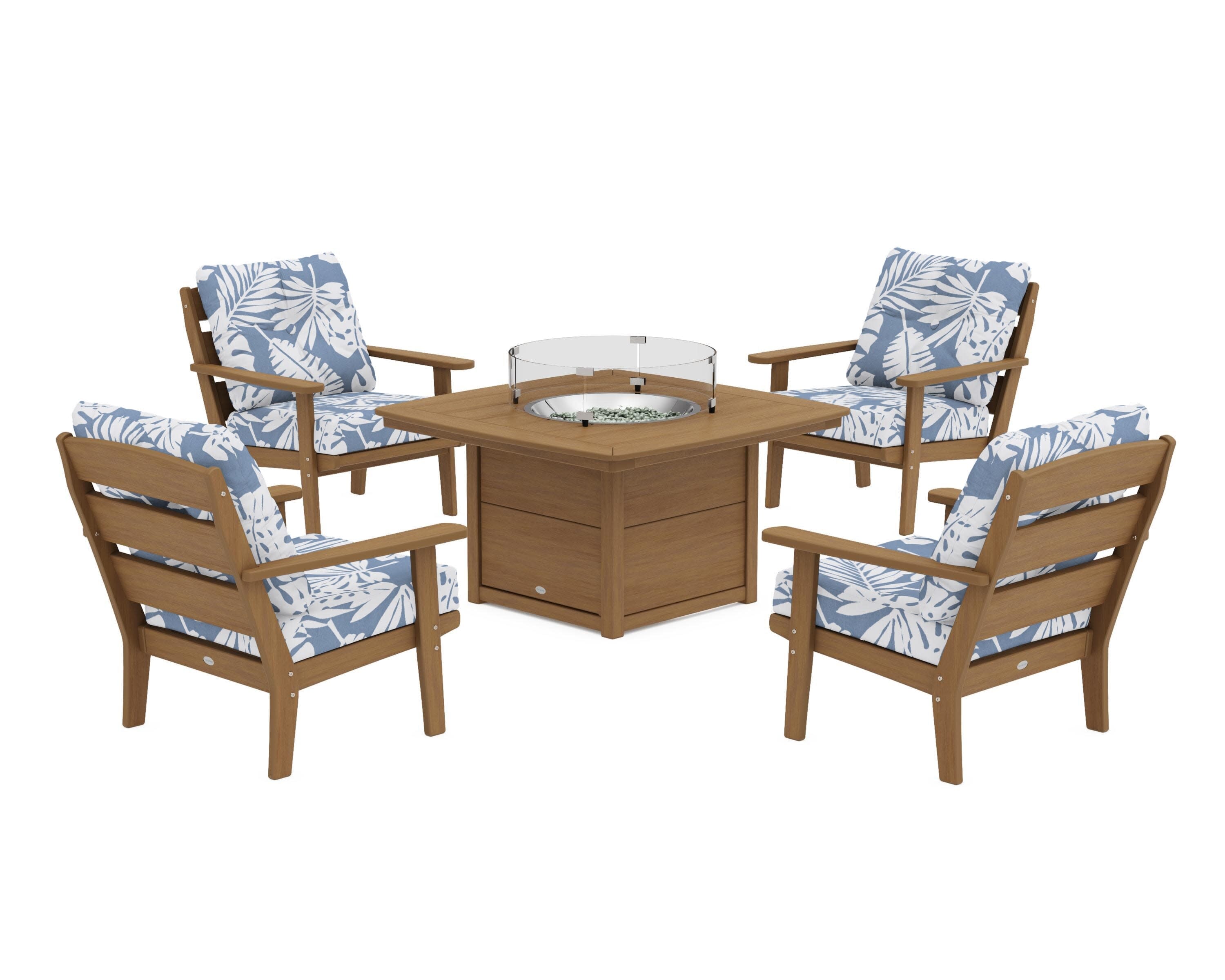 Lakeside 5-Piece Deep Seating Set with Nautical Fire Pit Table in Natural / Leaf Sky Blue