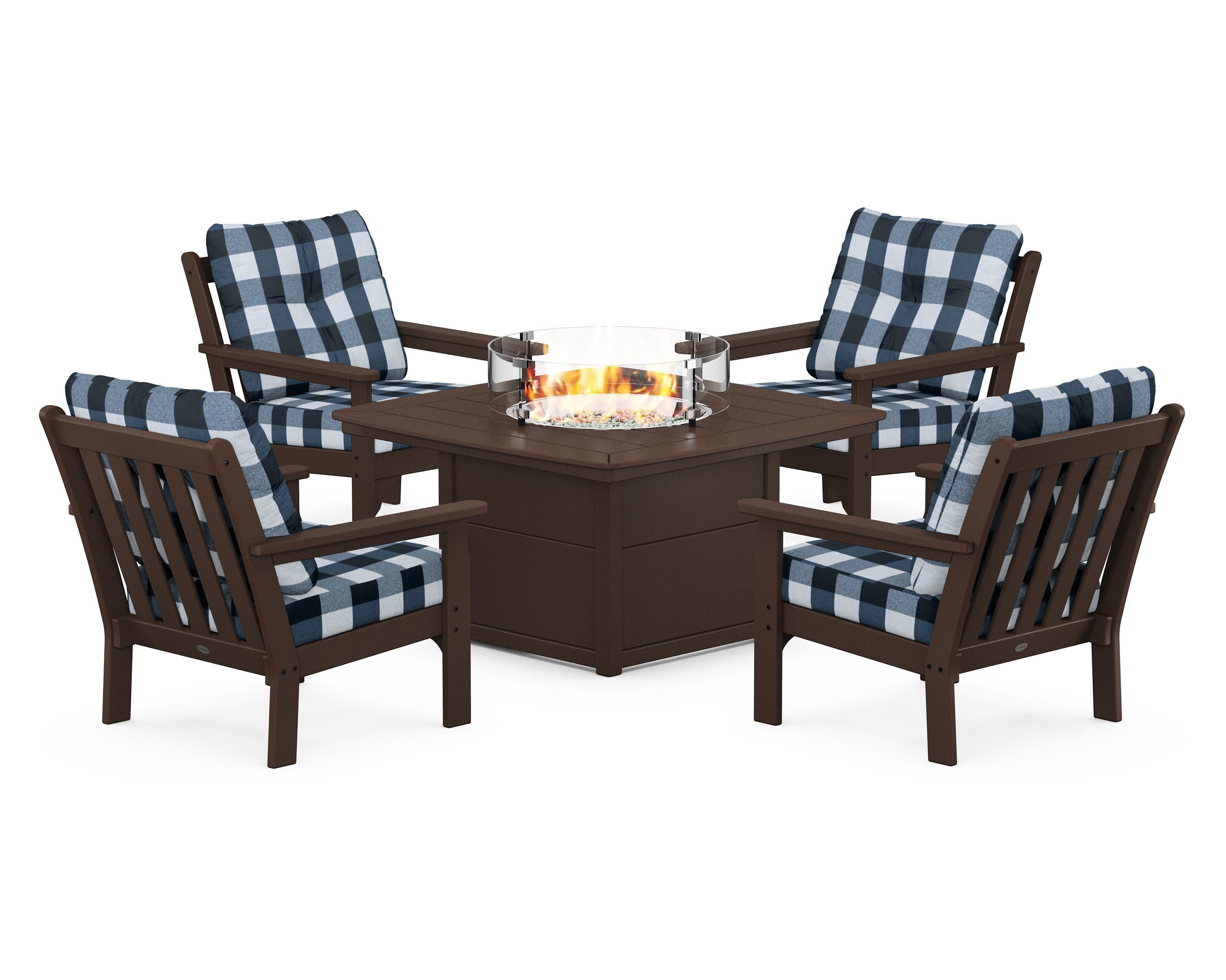 Vineyard 5-Piece Conversation Set with Fire Pit Table in Mahogany / Buffalo Plaid Marine Indigo