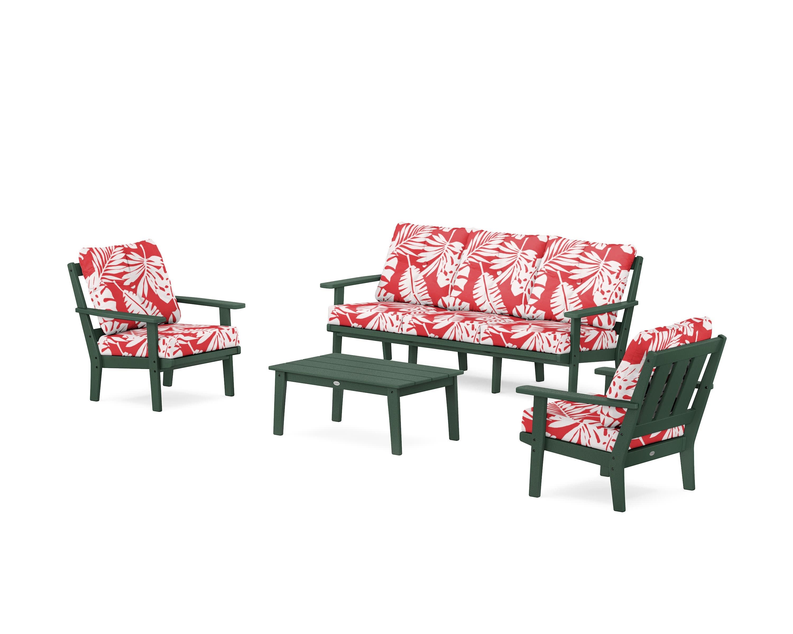 Oxford 4-Piece Deep Seating Set with Sofa in Green / Leaf Crimson