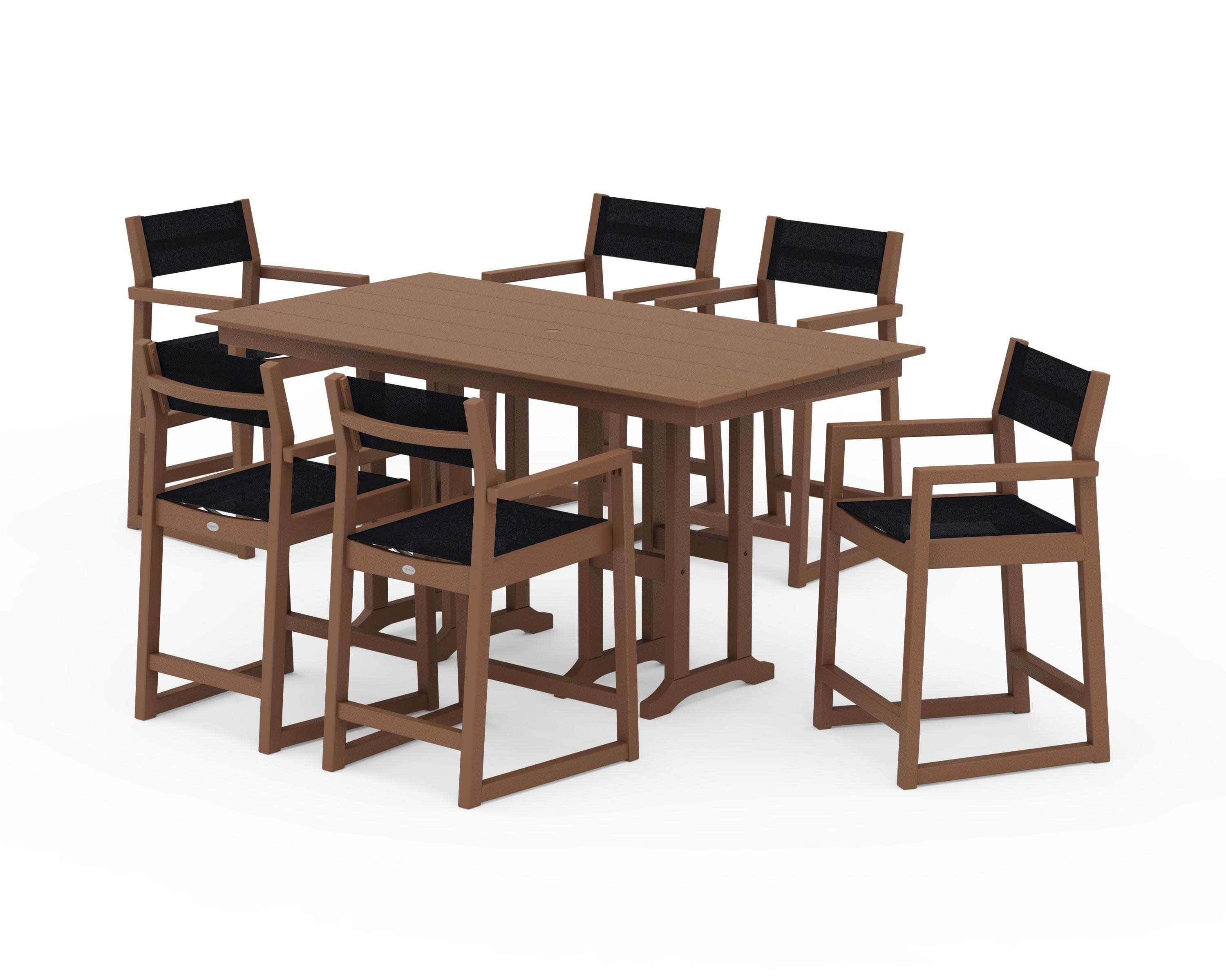 EDGE Sling Arm Chair 7-Piece Farmhouse Counter Set in Teak / Black Sling