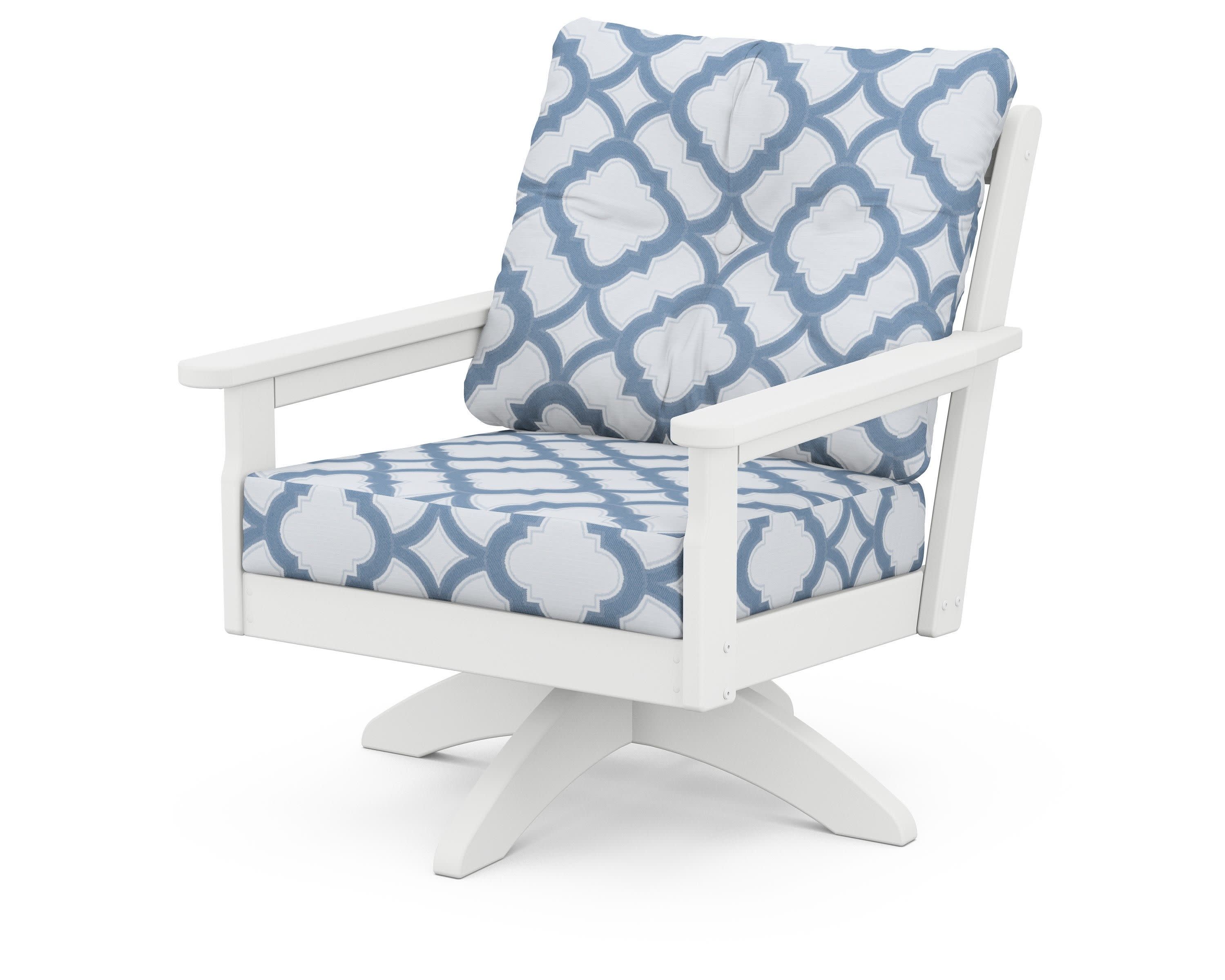 Vineyard Deep Seating Swivel Chair in White / Trellis Sky Blue
