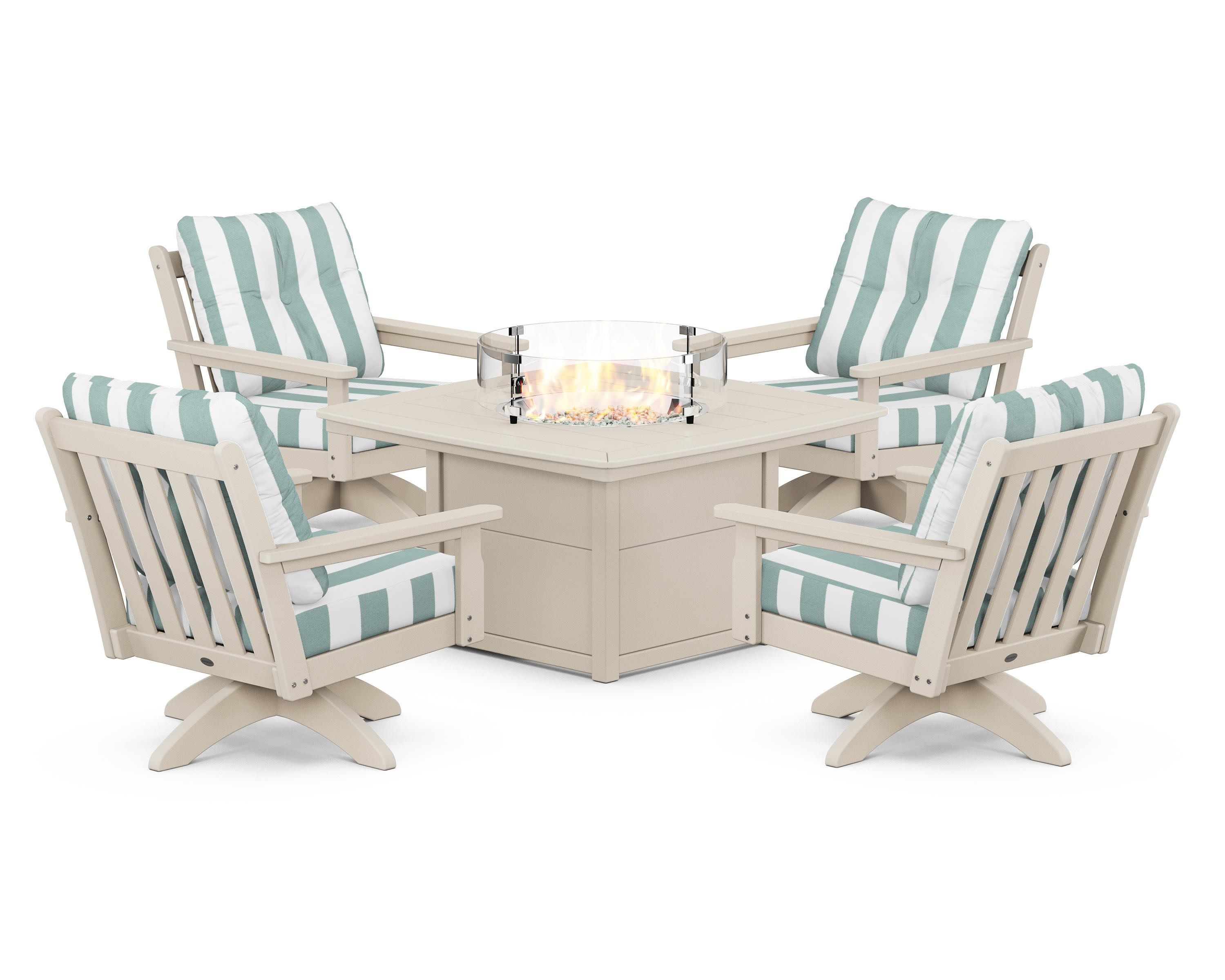 Vineyard 5-Piece Deep Seating Swivel Conversation Set with Fire Pit Table in Sand / Cabana Stripe Glacier Spa