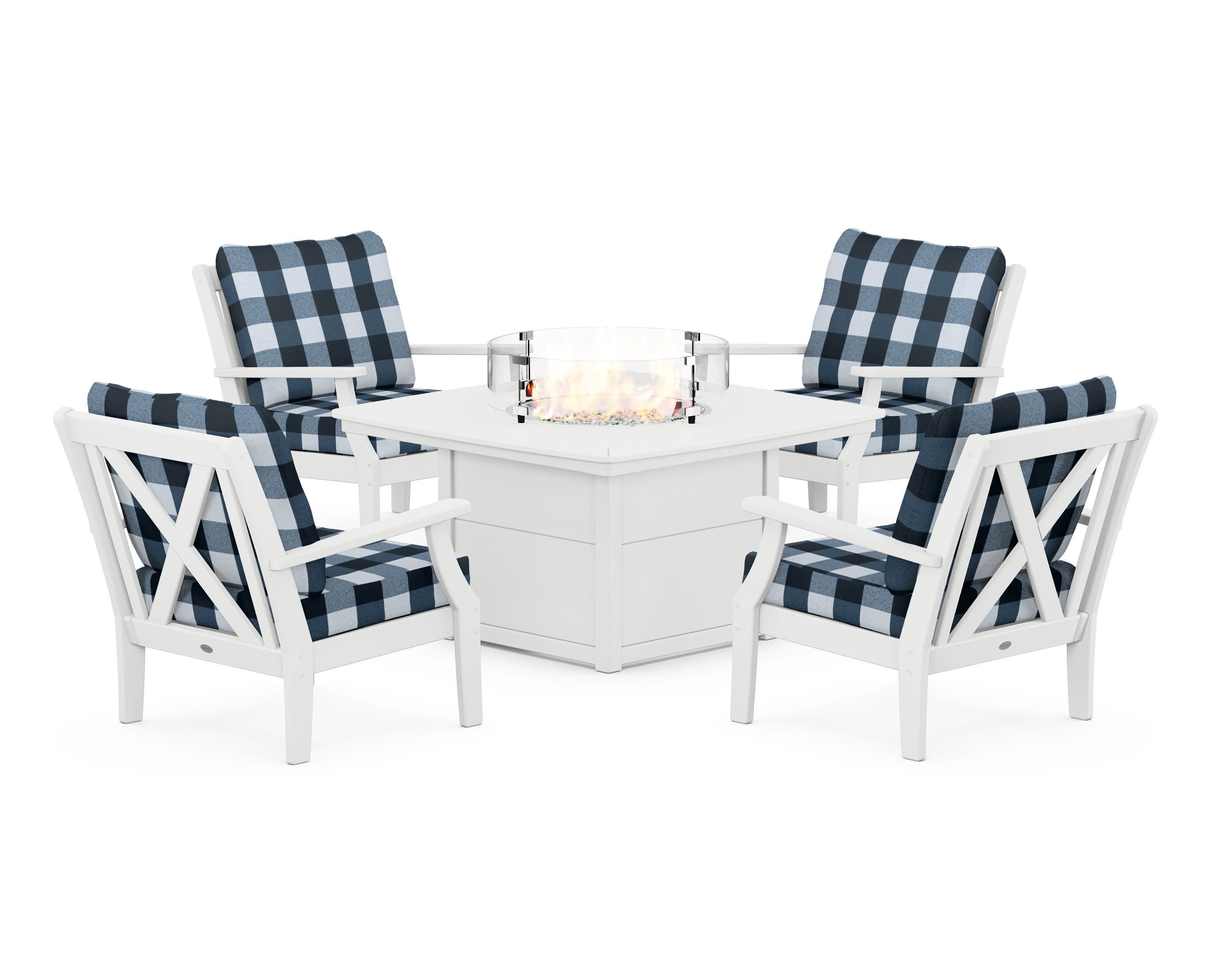 Braxton 5-Piece Deep Seating Conversation Set with Fire Pit Table in White / Buffalo Plaid Marine Indigo