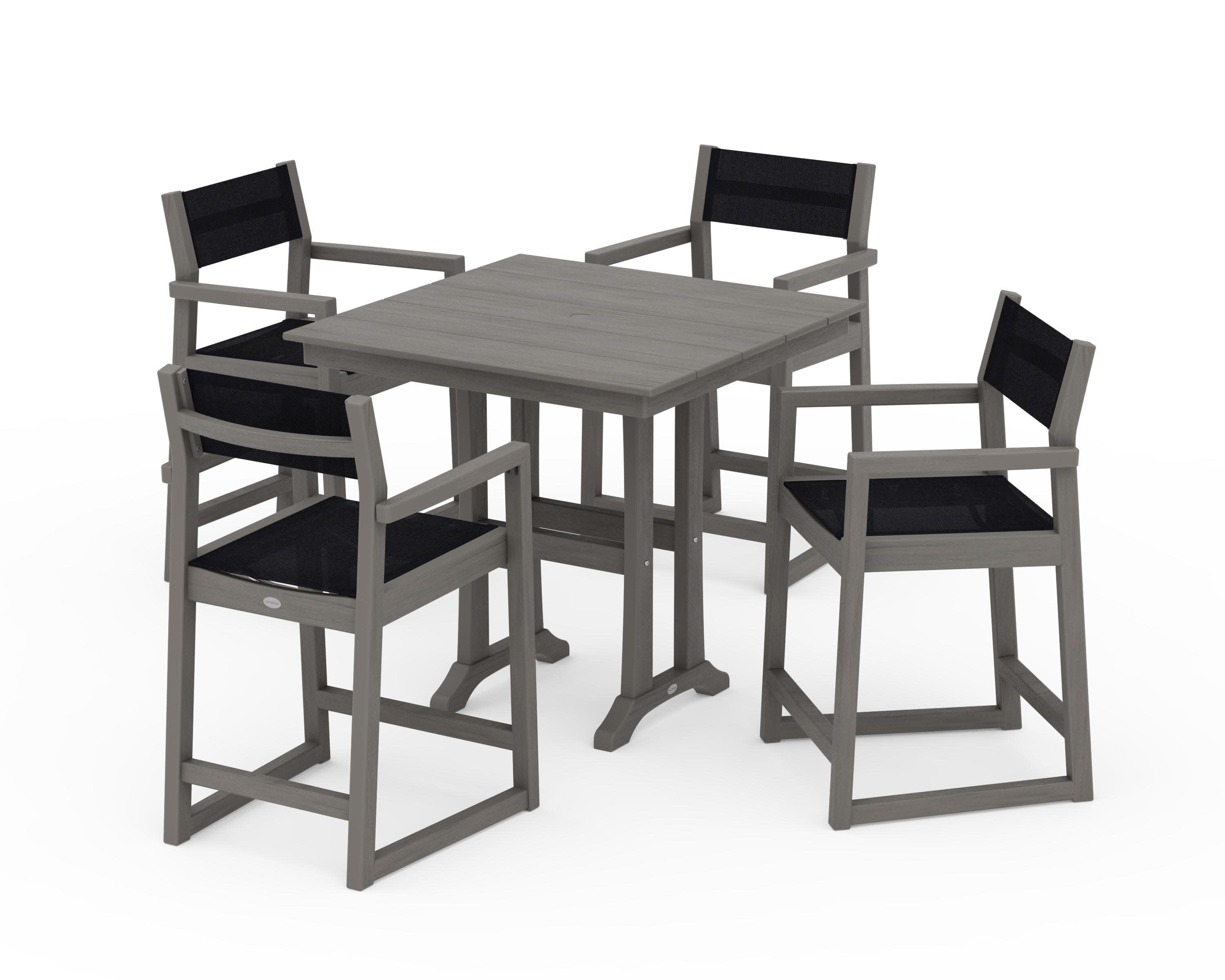 EDGE Sling Arm Chair 5-Piece Farmhouse Counter Set with Trestle Legs in Driftwood / Black Sling