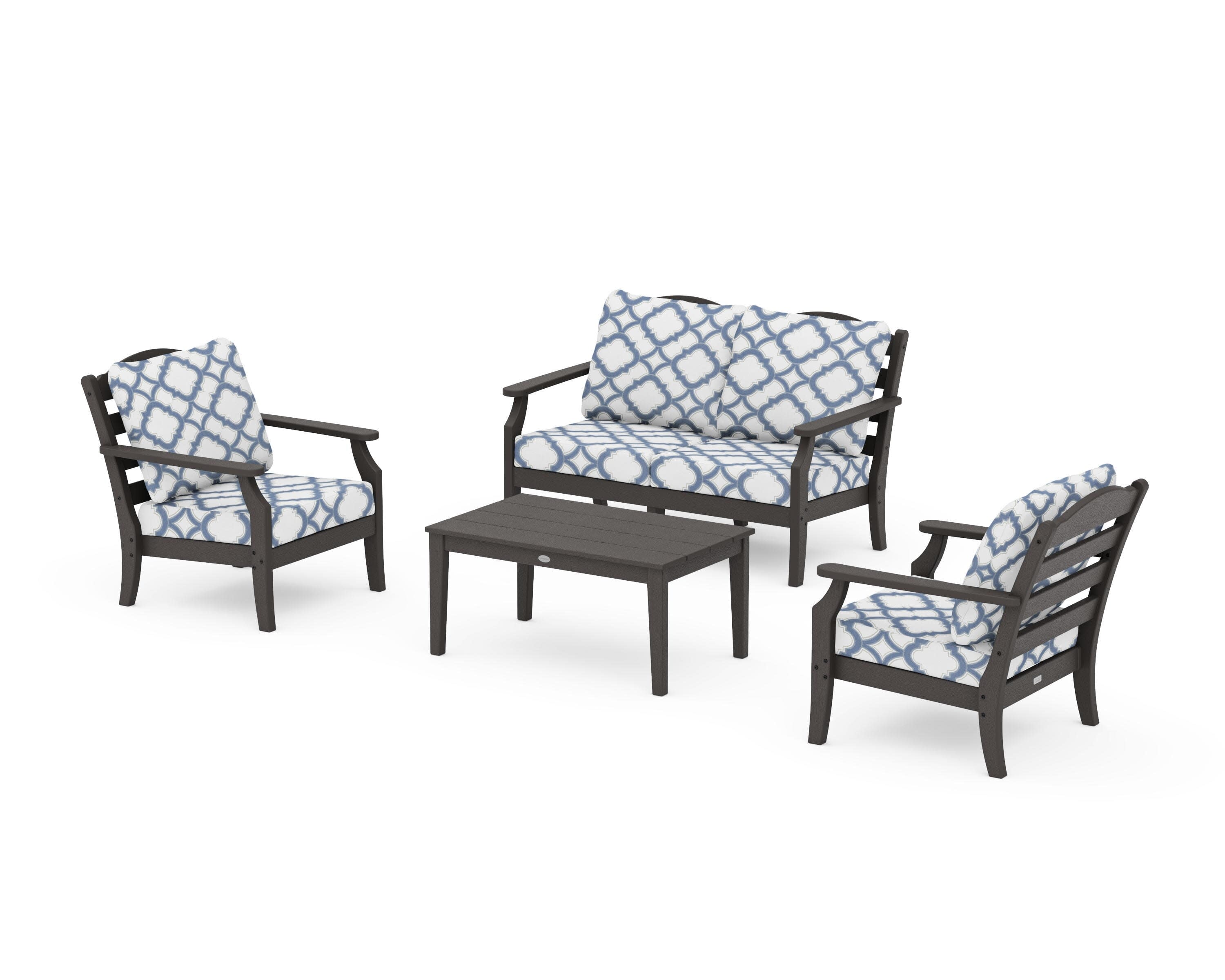 Savannah 4-Piece Deep Seating Set with Loveseat in Vintage Coffee / Trellis Sky Blue
