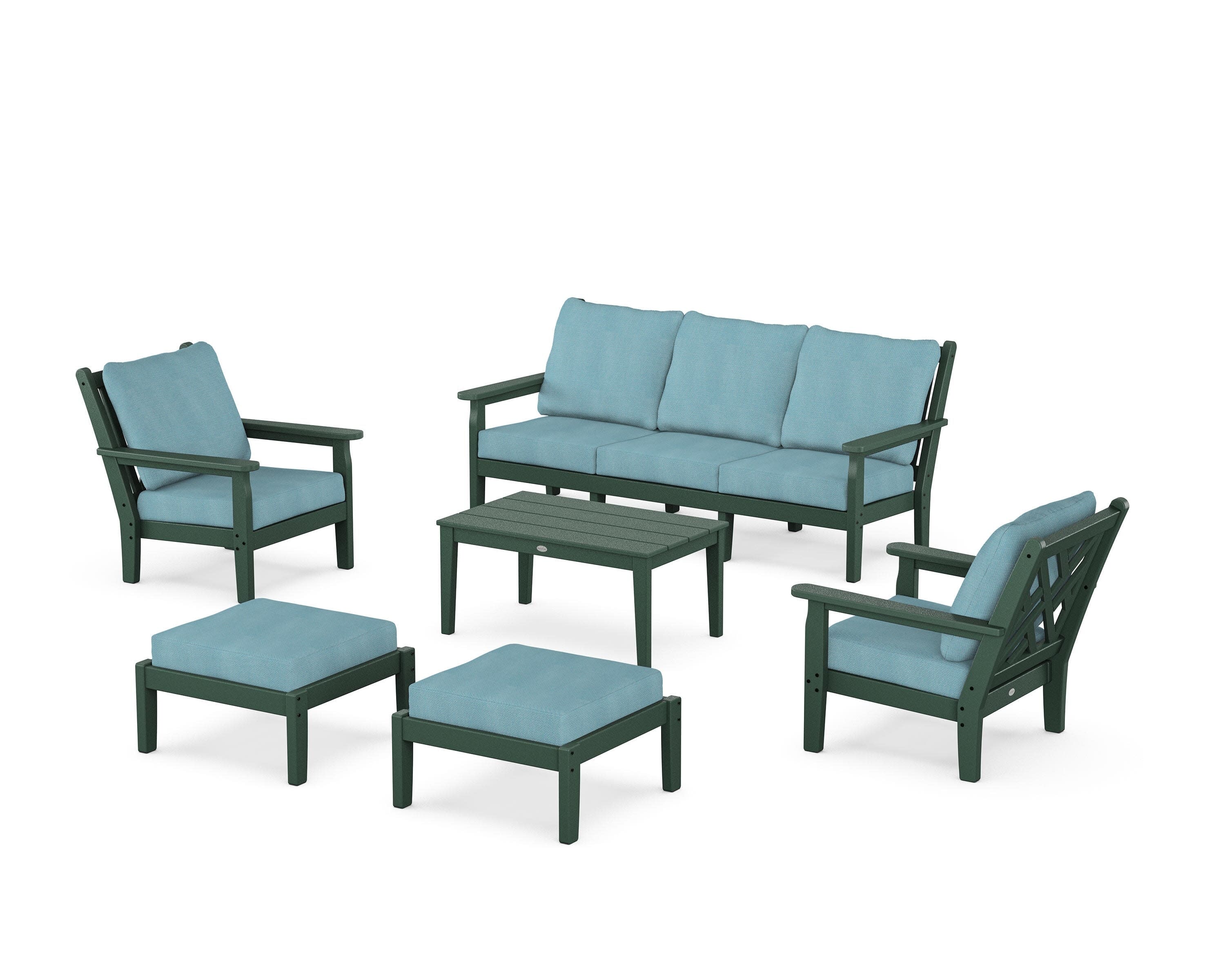 Chippendale 6-Piece Lounge Sofa Set in Green / Lattice Sky Blue