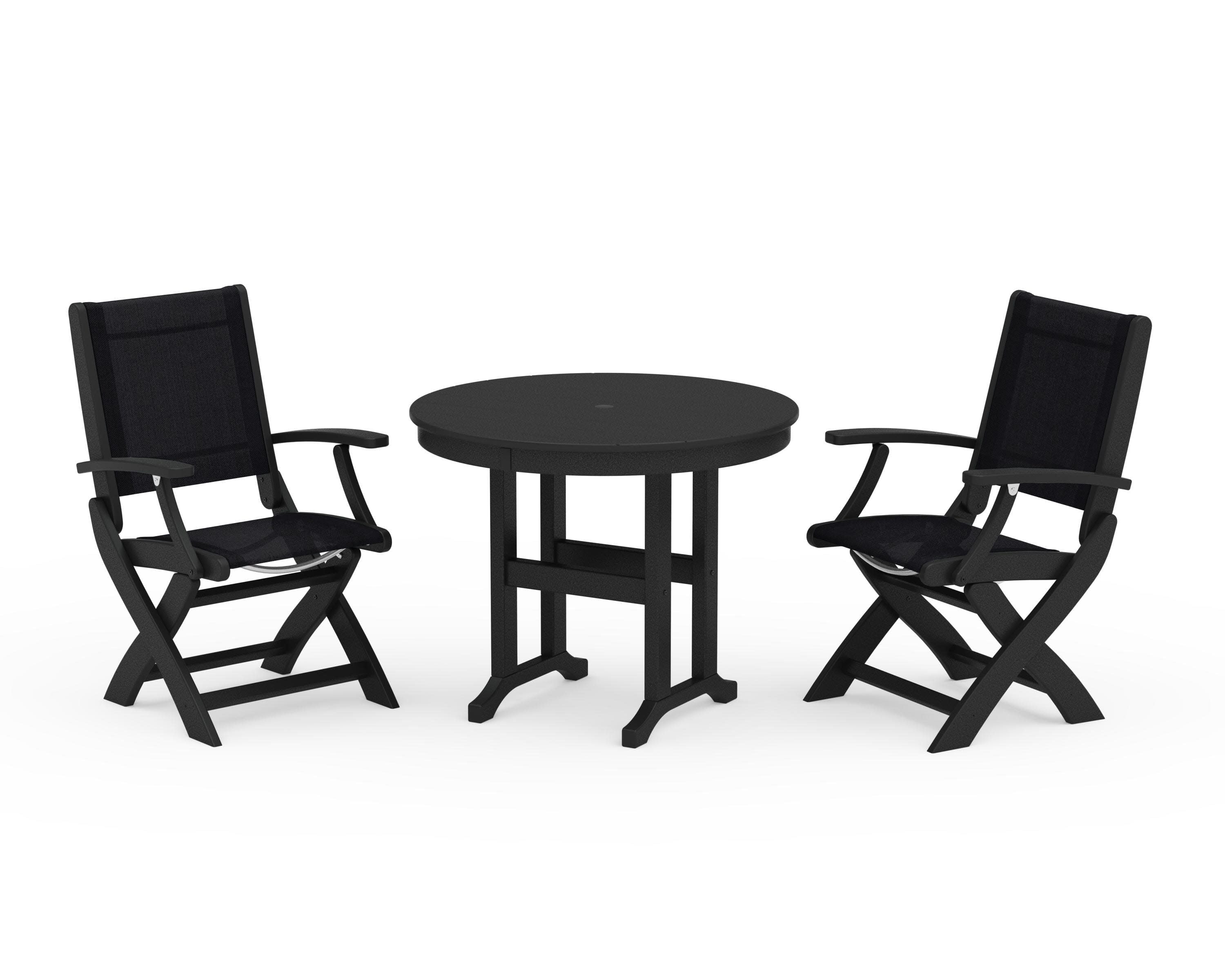 Coastal Folding Chair 3-Piece Round Dining Set in Black / Black Sling