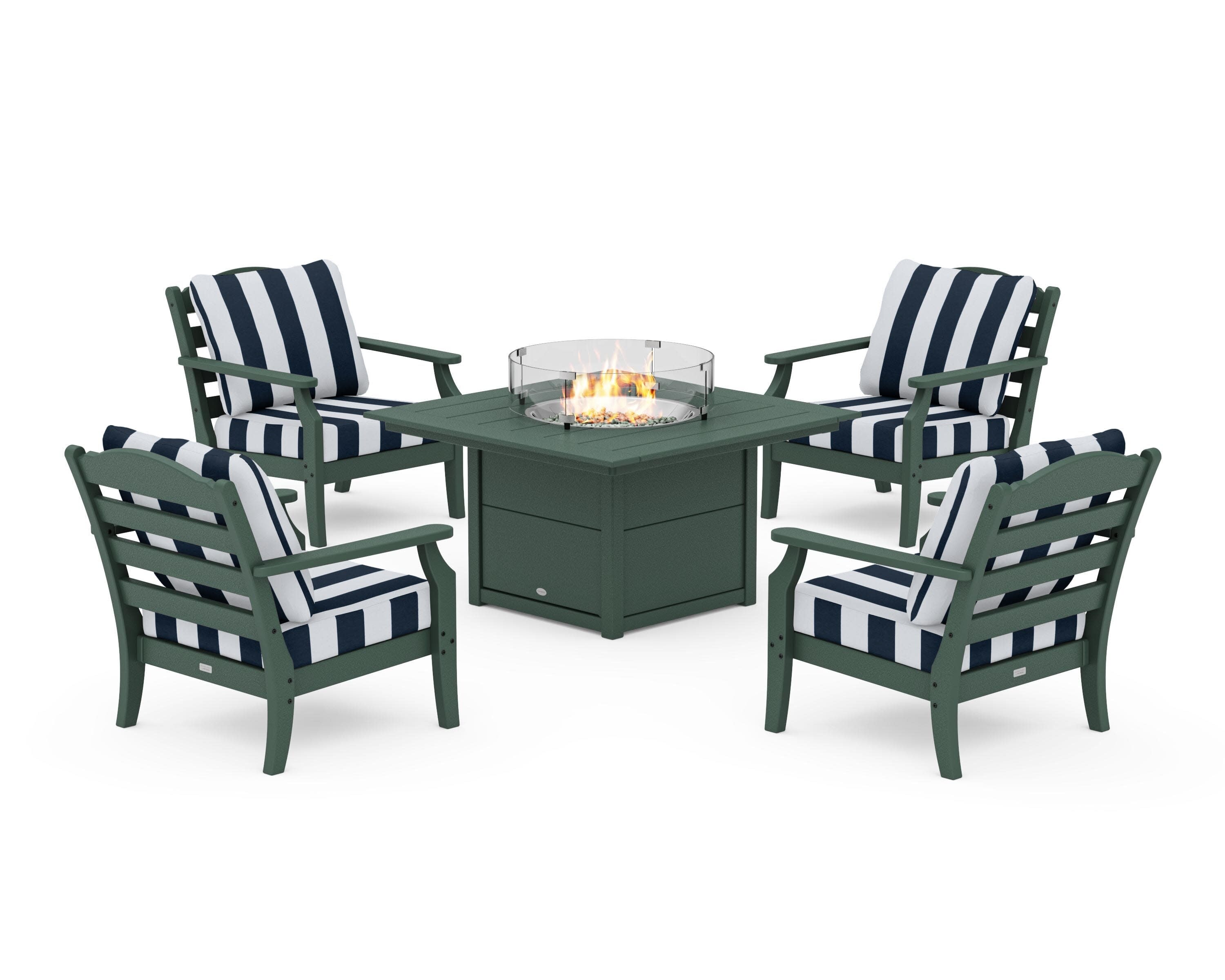 Savannah 5-Piece Deep Seating Set with Fire Pit Table in Green / Cabana Stripe Marine Indigo