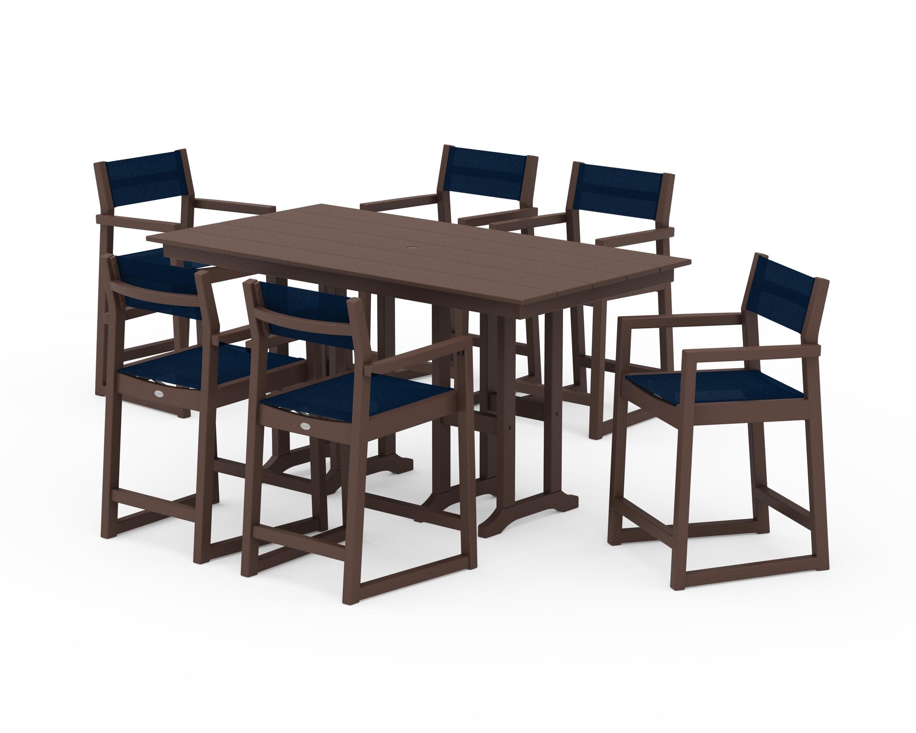 EDGE Sling Arm Chair 7-Piece Farmhouse Counter Set in Mahogany / Navy Blue Sling