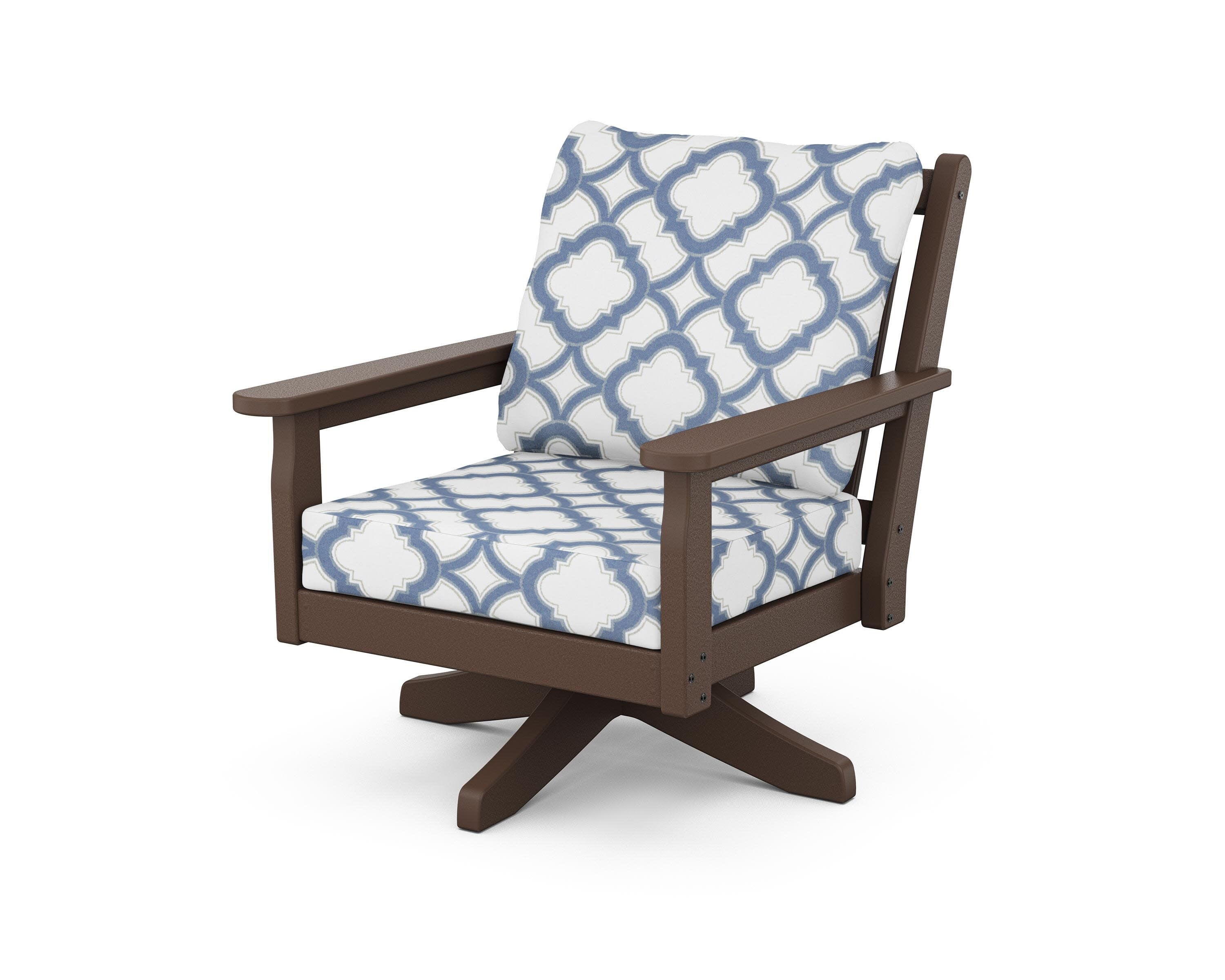 Chippendale Deep Seating Swivel Chair in Mahogany / Trellis Sky Blue