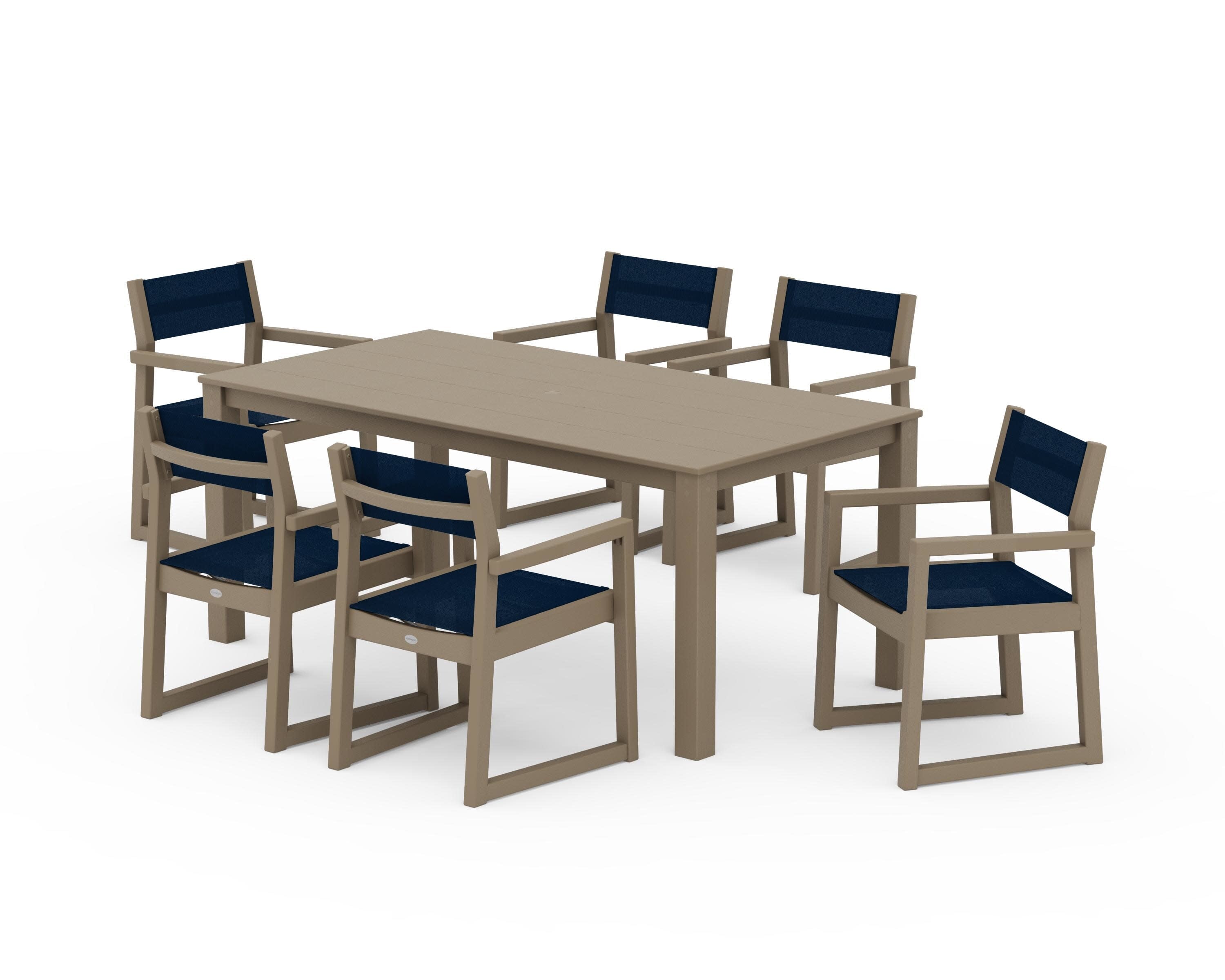 EDGE Sling Arm Chair 7-Piece Parsons Dining Set in Vintage Sahara / Navy Blue Sling