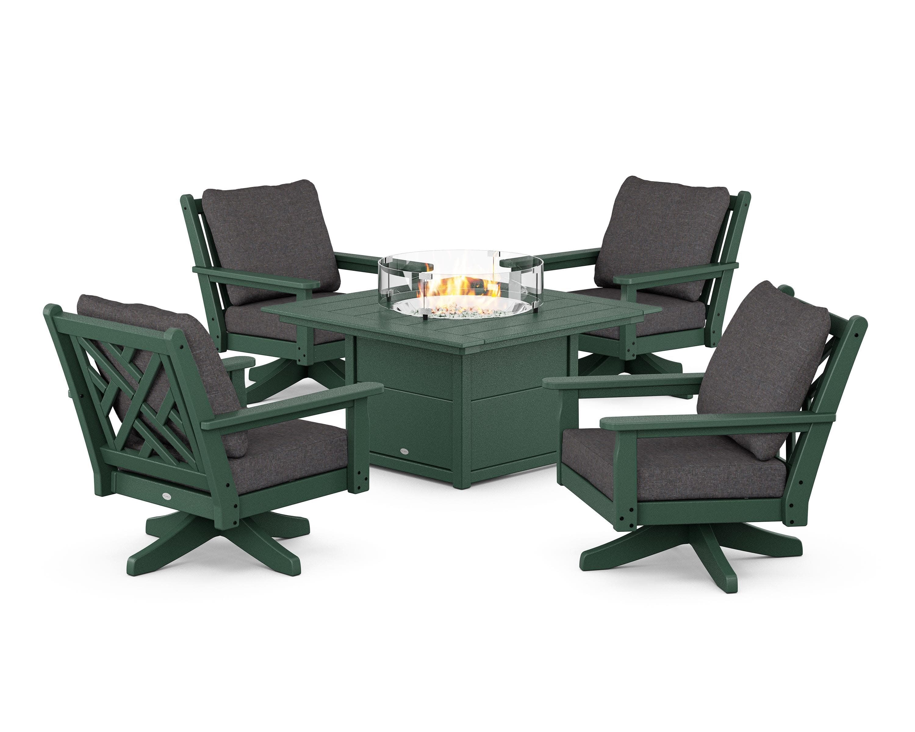 Chippendale 5-Piece Deep Seating Swivel Conversation Set with Fire Pit Table in Green / Ash Charcoal