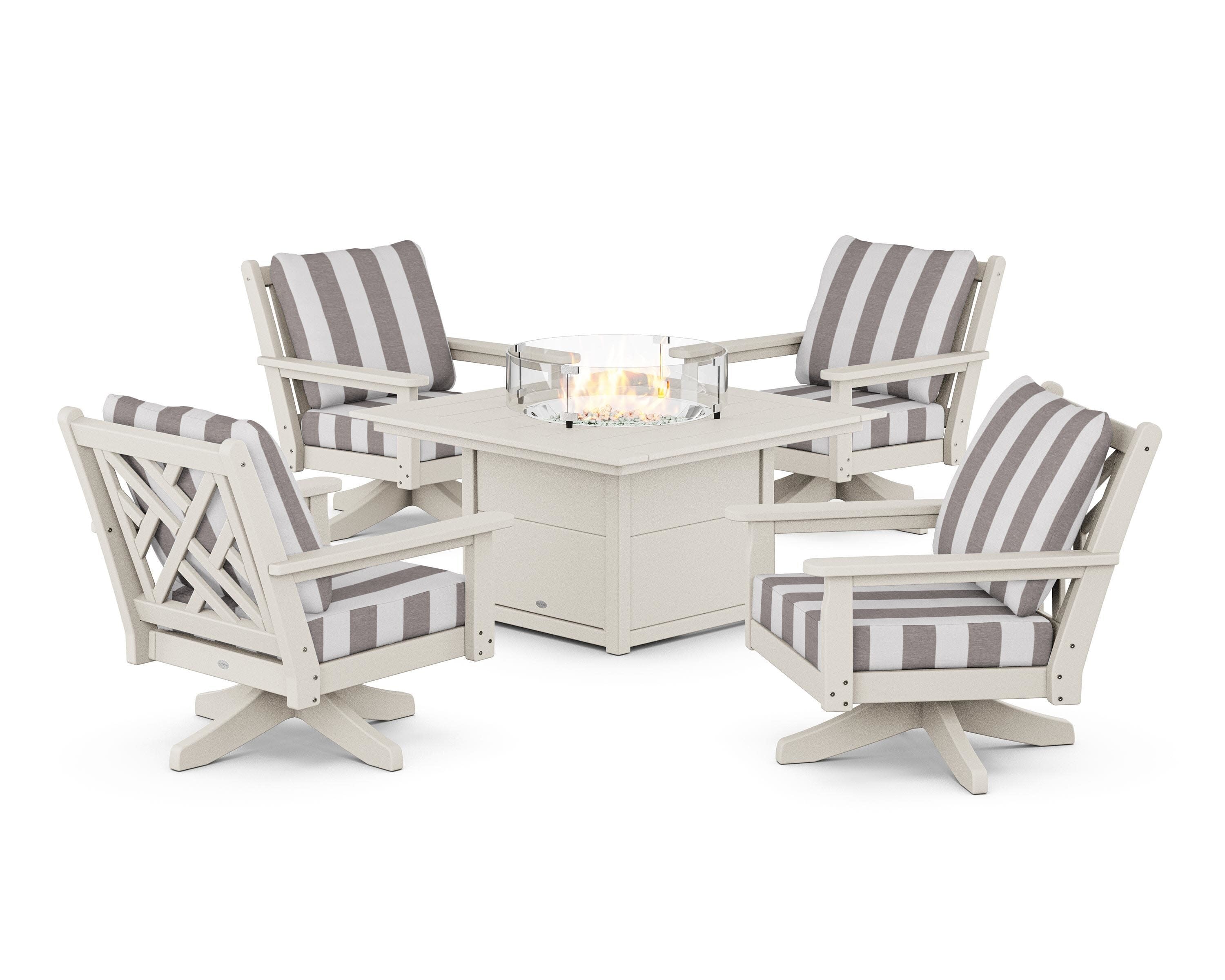 Chippendale 5-Piece Deep Seating Swivel Conversation Set with Fire Pit Table in Sand / Cabana Stripe Grey Mist