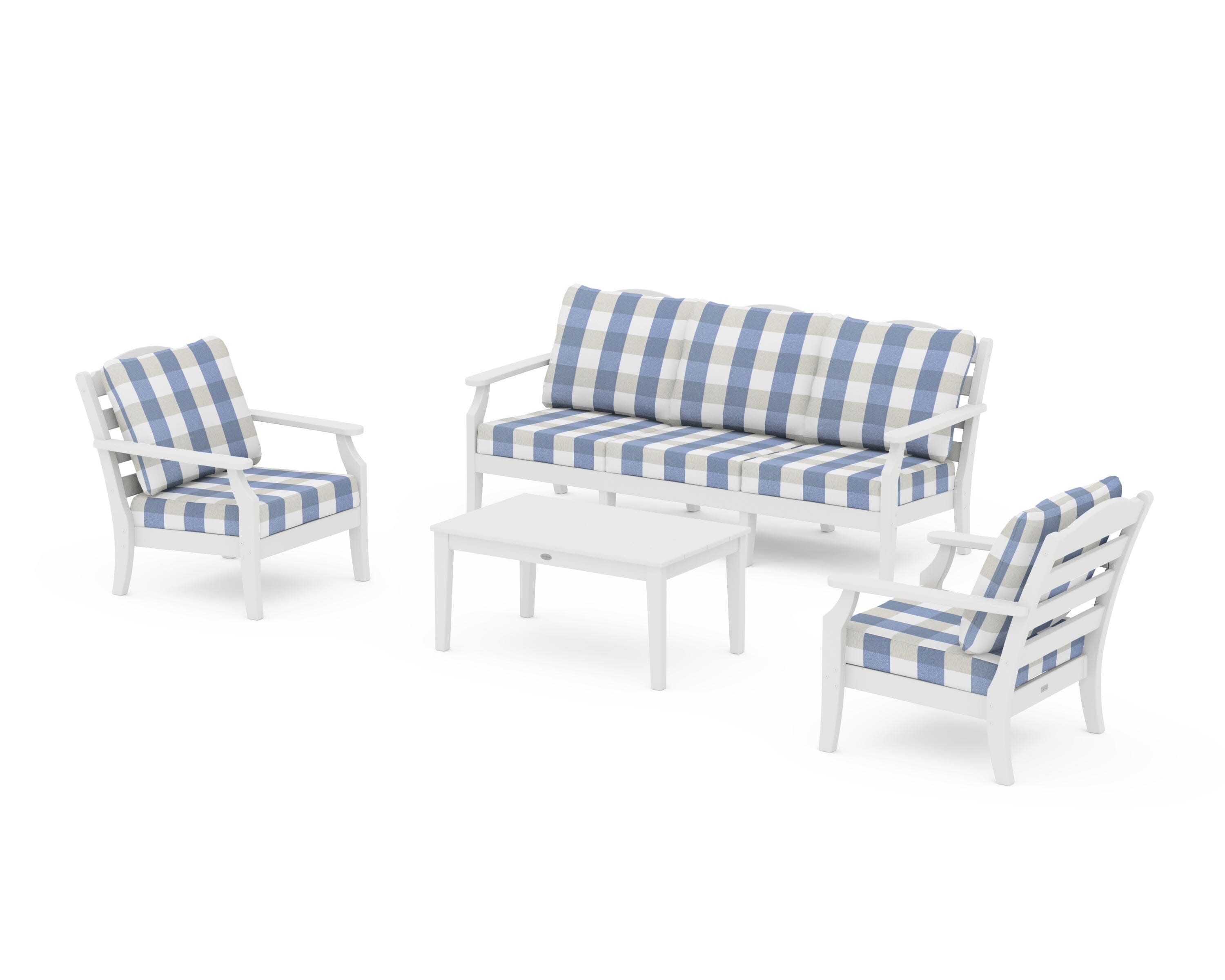 Savannah 4-Piece Deep Seating Set with Sofa in White / Buffalo Plaid Sky Blue