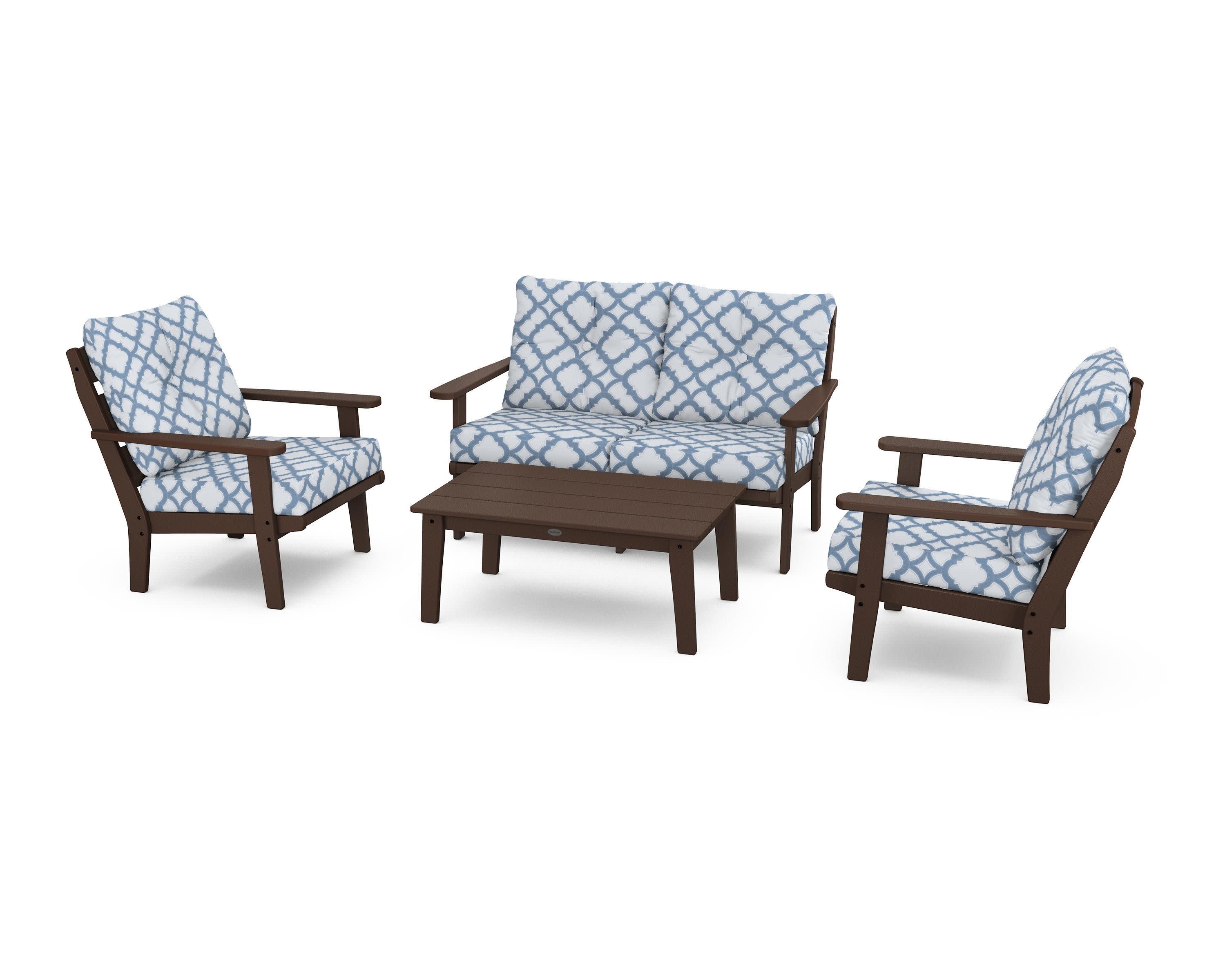 Lakeside 4-Piece Deep Seating Set in Mahogany / Trellis Sky Blue