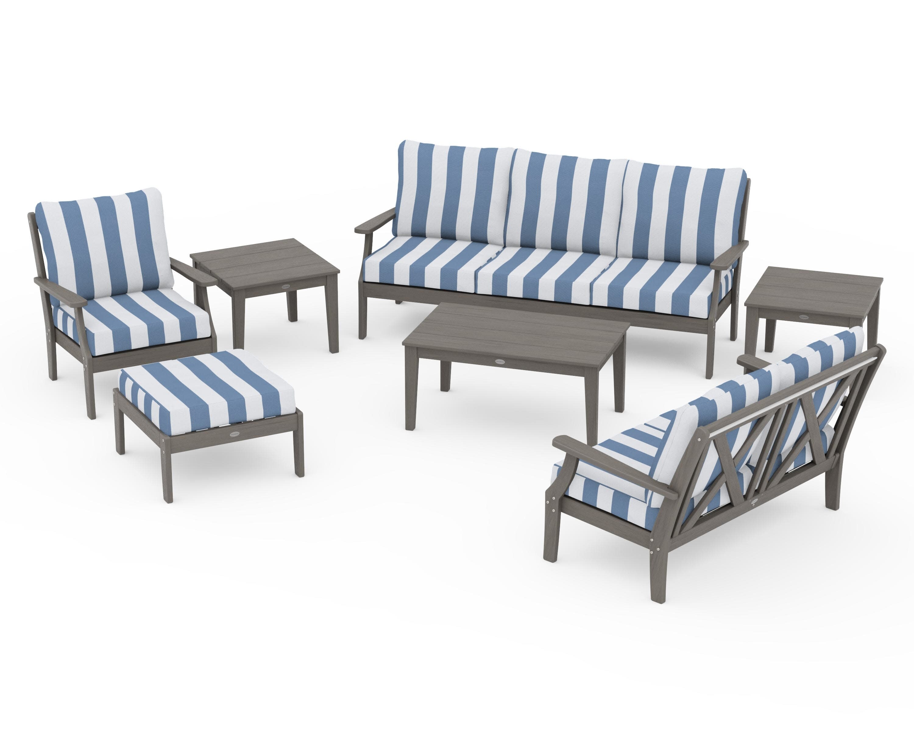 Braxton 7-Piece Deep Seating Set in Driftwood / Cabana Stripe Sky Blue