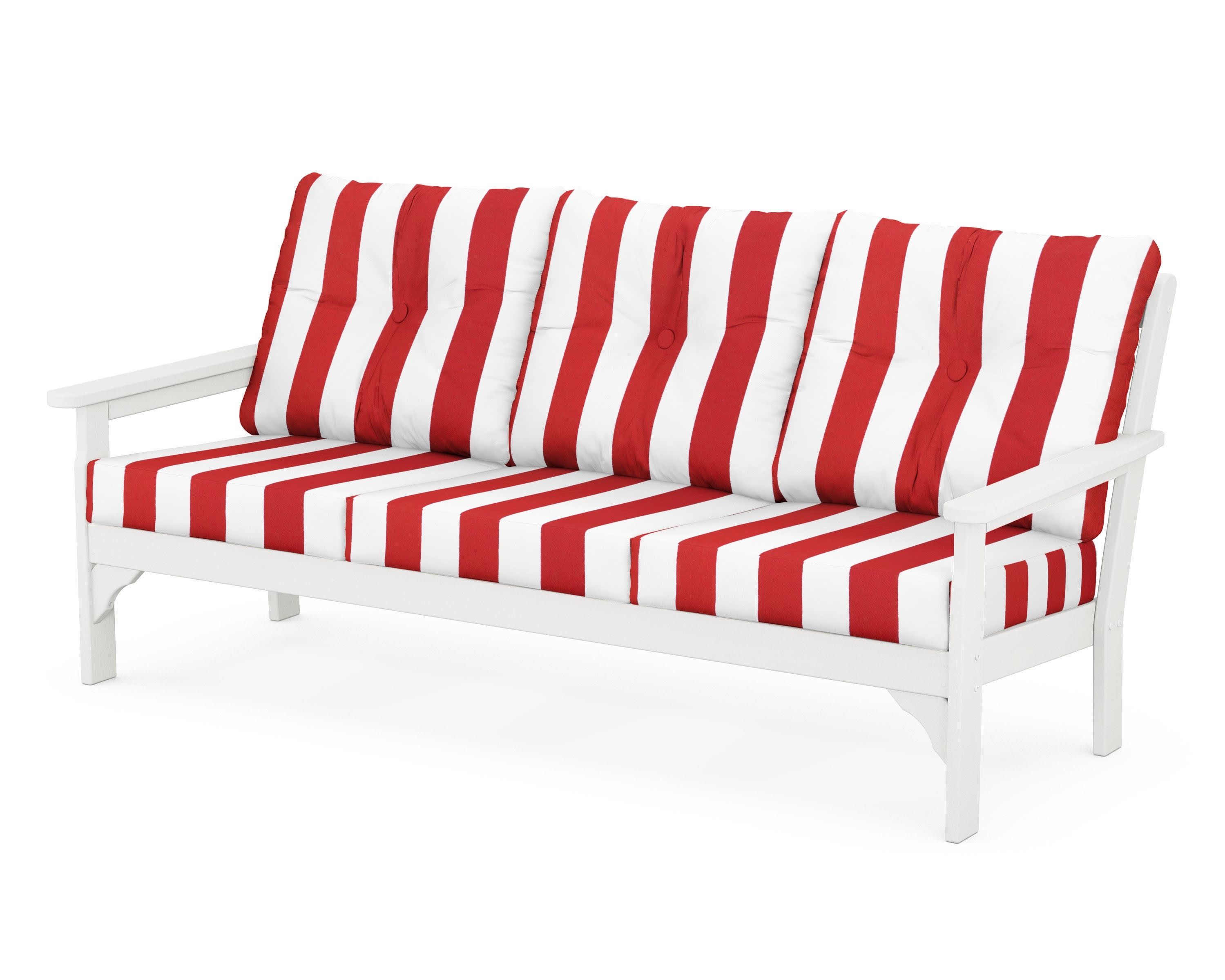 Vineyard Deep Seating Sofa in Vintage White / Cabana Stripe Crimson