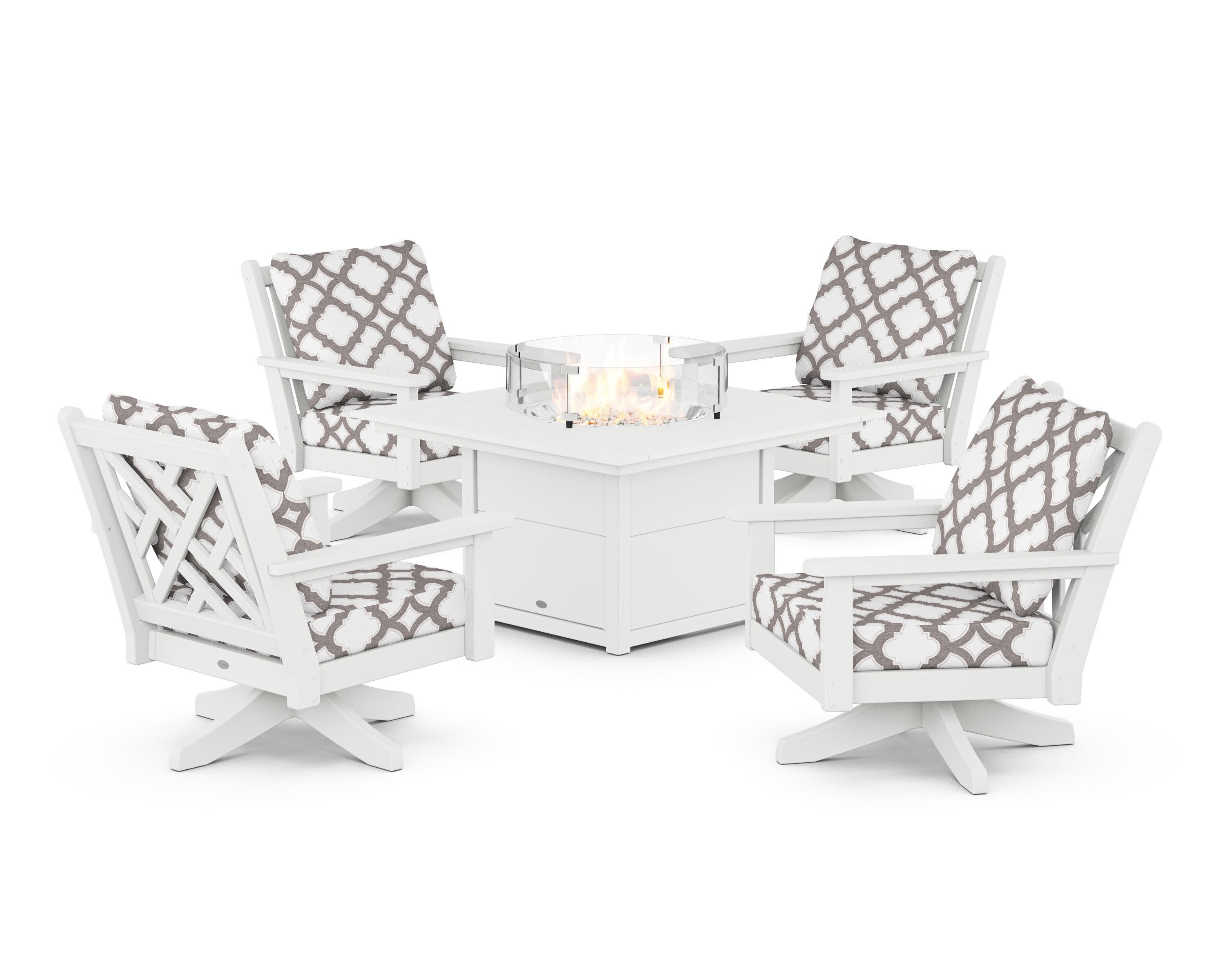 Chippendale 5-Piece Deep Seating Swivel Conversation Set with Fire Pit Table in White / Trellis Grey Mist