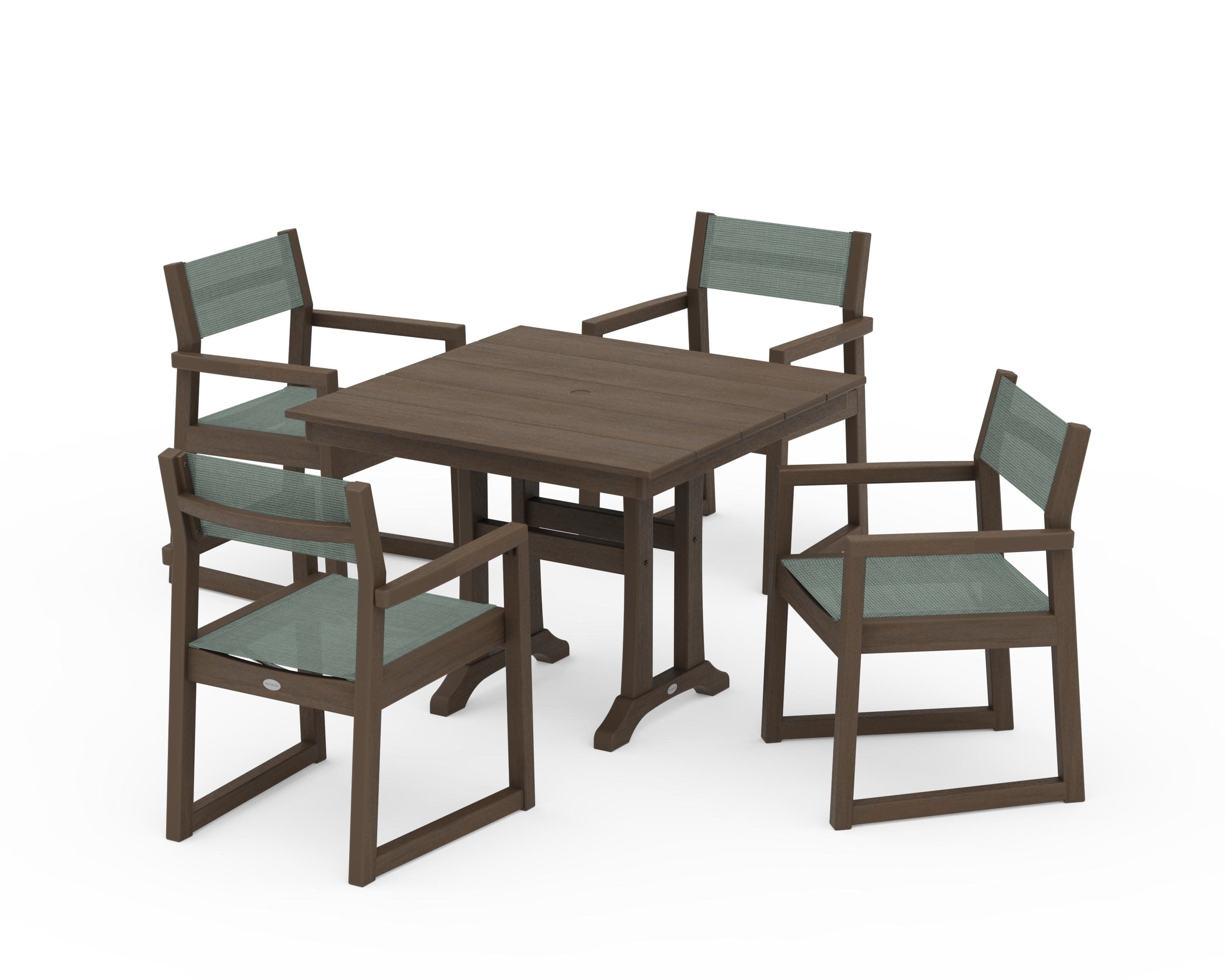 EDGE Sling 5-Piece Farmhouse Dining Set with Trestle Legs in Kona / Dupioni Sea Mist Sling