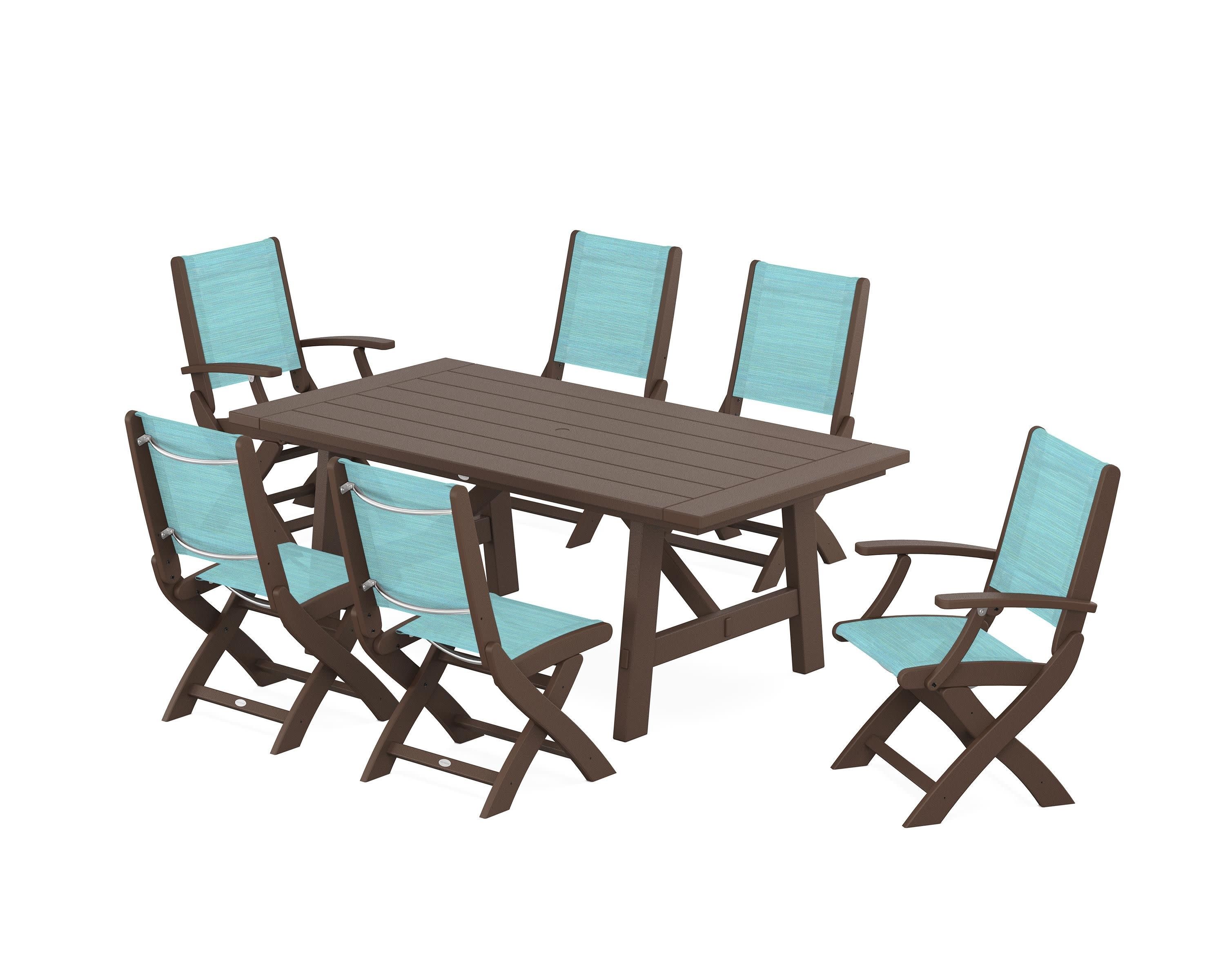 Coastal Folding Chair 7-Piece Rustic Farmhouse Dining Set in Mahogany / Dupioni Aquamarine Sling
