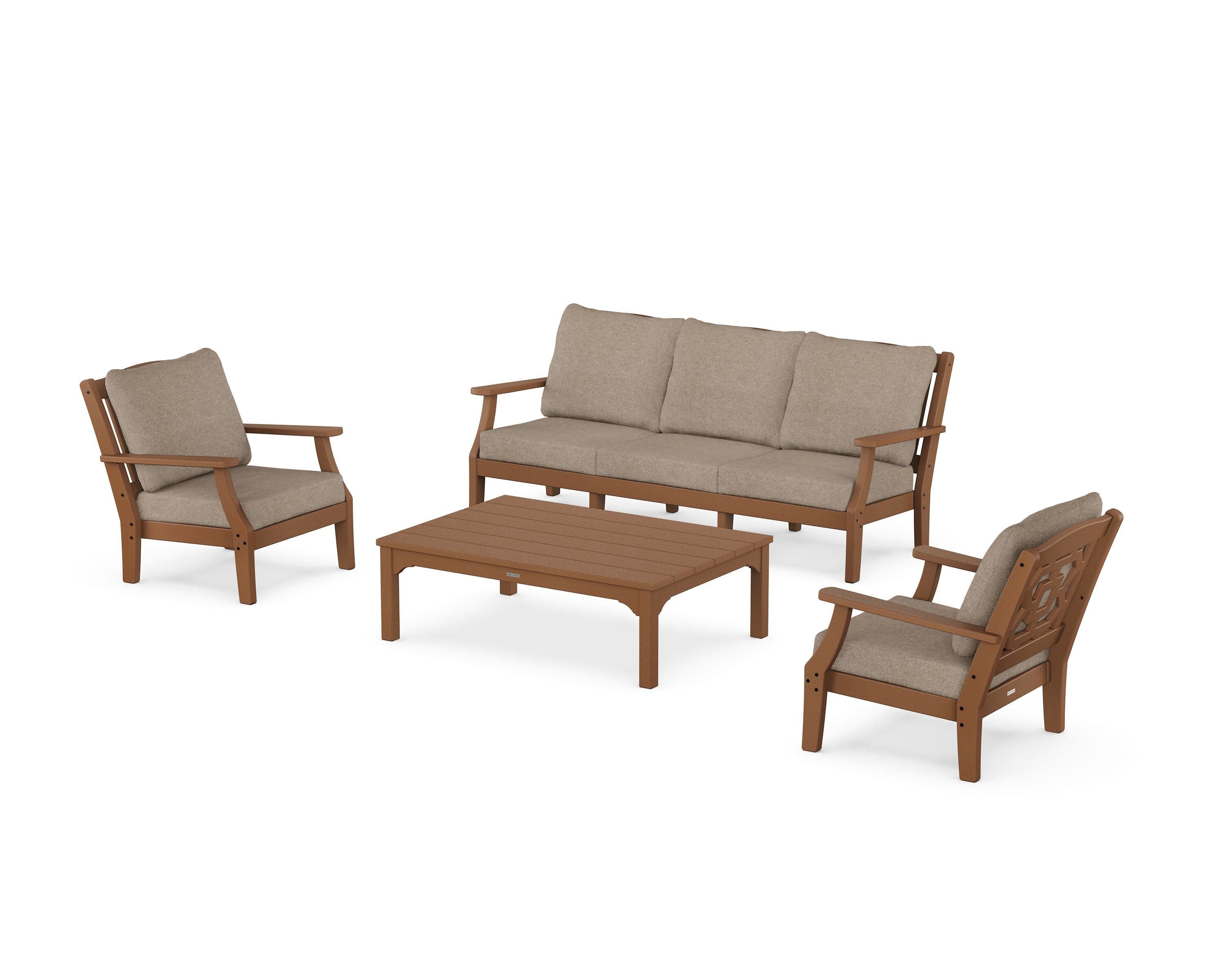 Chinoiserie 4-Piece Deep Seating Set with Sofa in Teak / Spiced Burlap