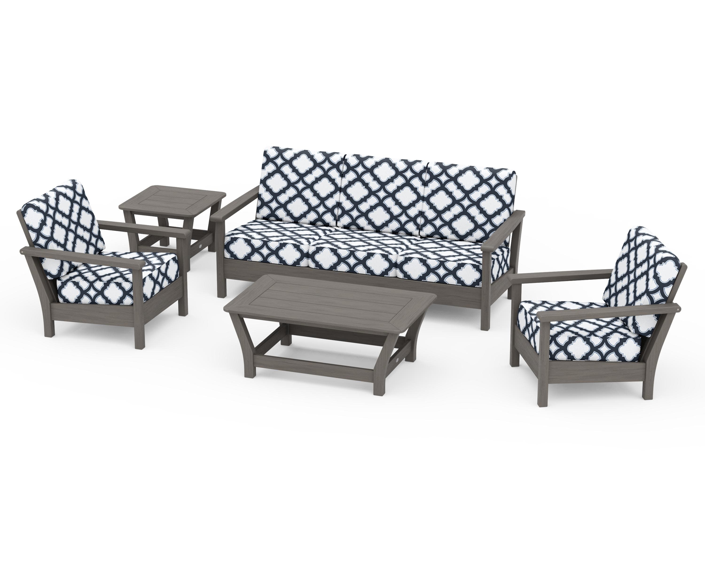 Harbour 5-Piece Deep Seating Set in Driftwood / Trellis Marine Indigo