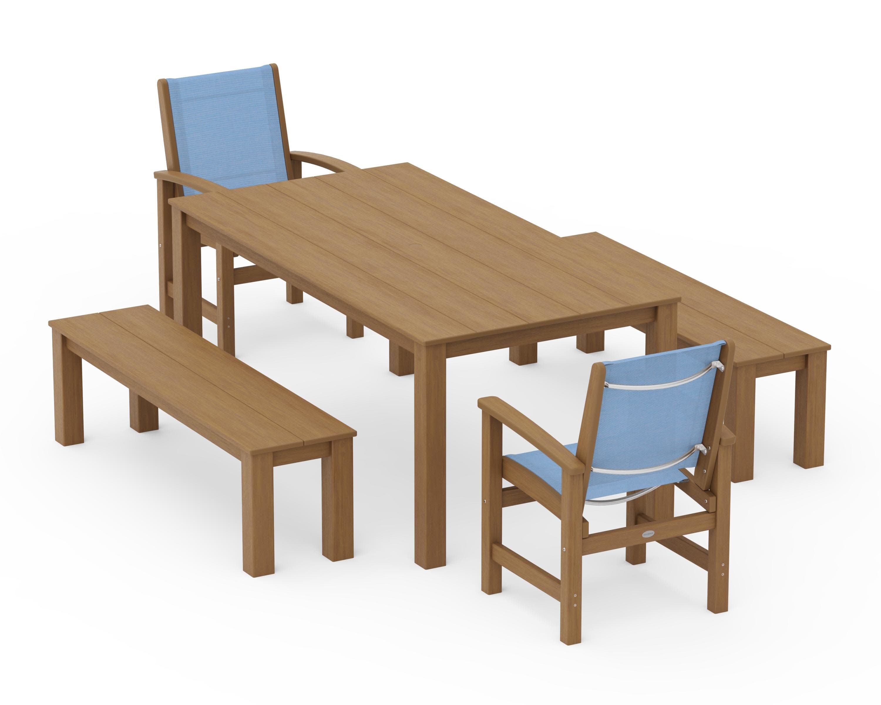 Coastal 5-Piece Parsons Dining Set with Benches in Natural / Poolside Sling