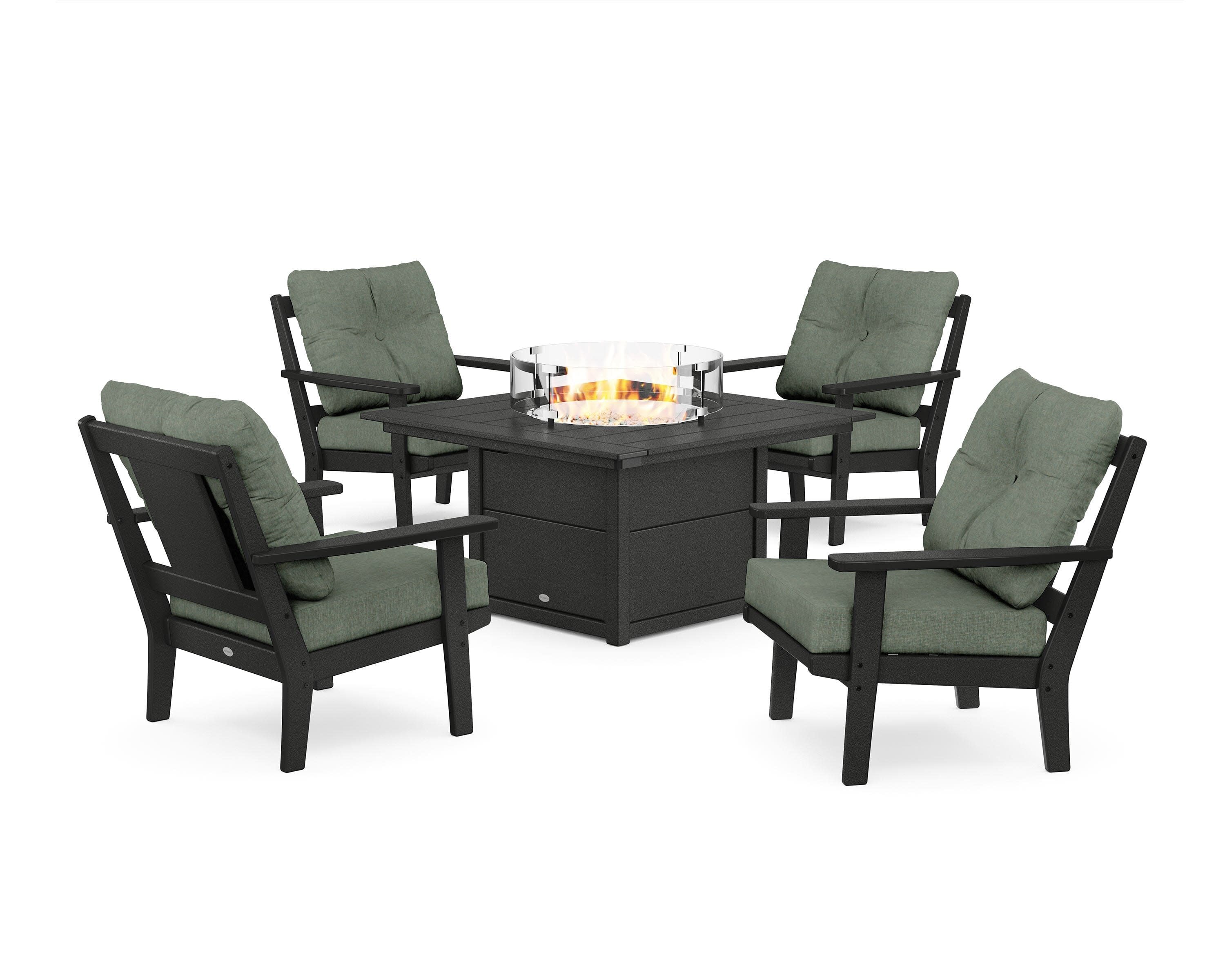 Prairie 5-Piece Deep Seating Set with Fire Pit Table in Black / Cast Sage