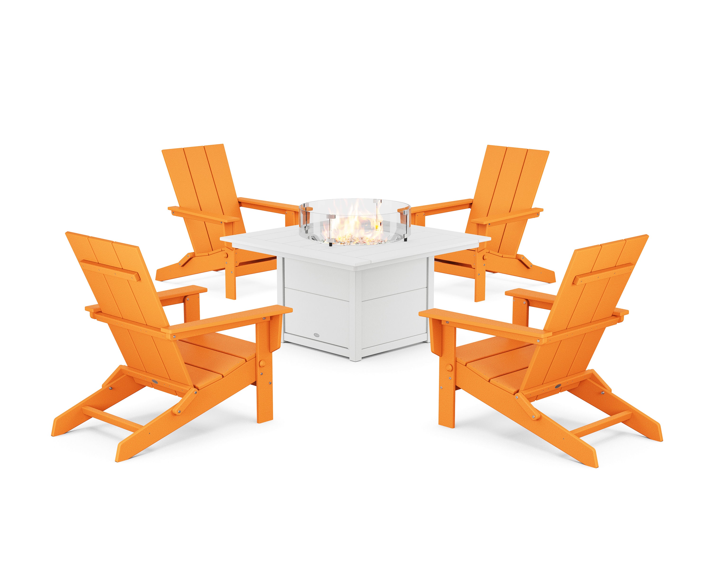 5-Piece Modern Studio Folding Adirondack Conversation Set with Fire Pit Table in Tangerine / White