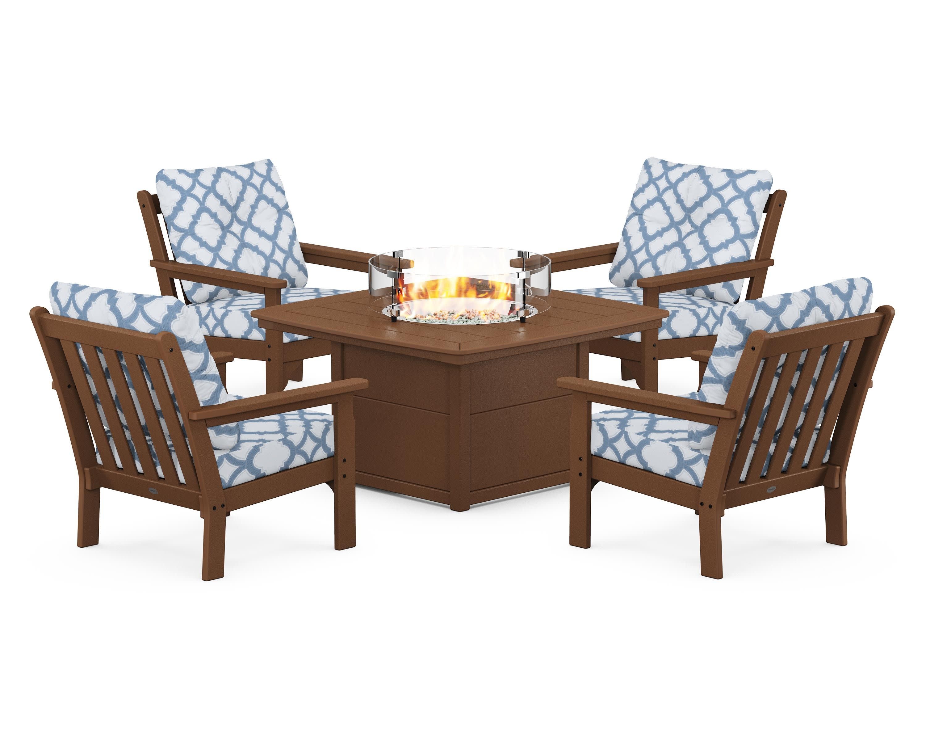 Vineyard 5-Piece Conversation Set with Fire Pit Table in Teak / Trellis Sky Blue
