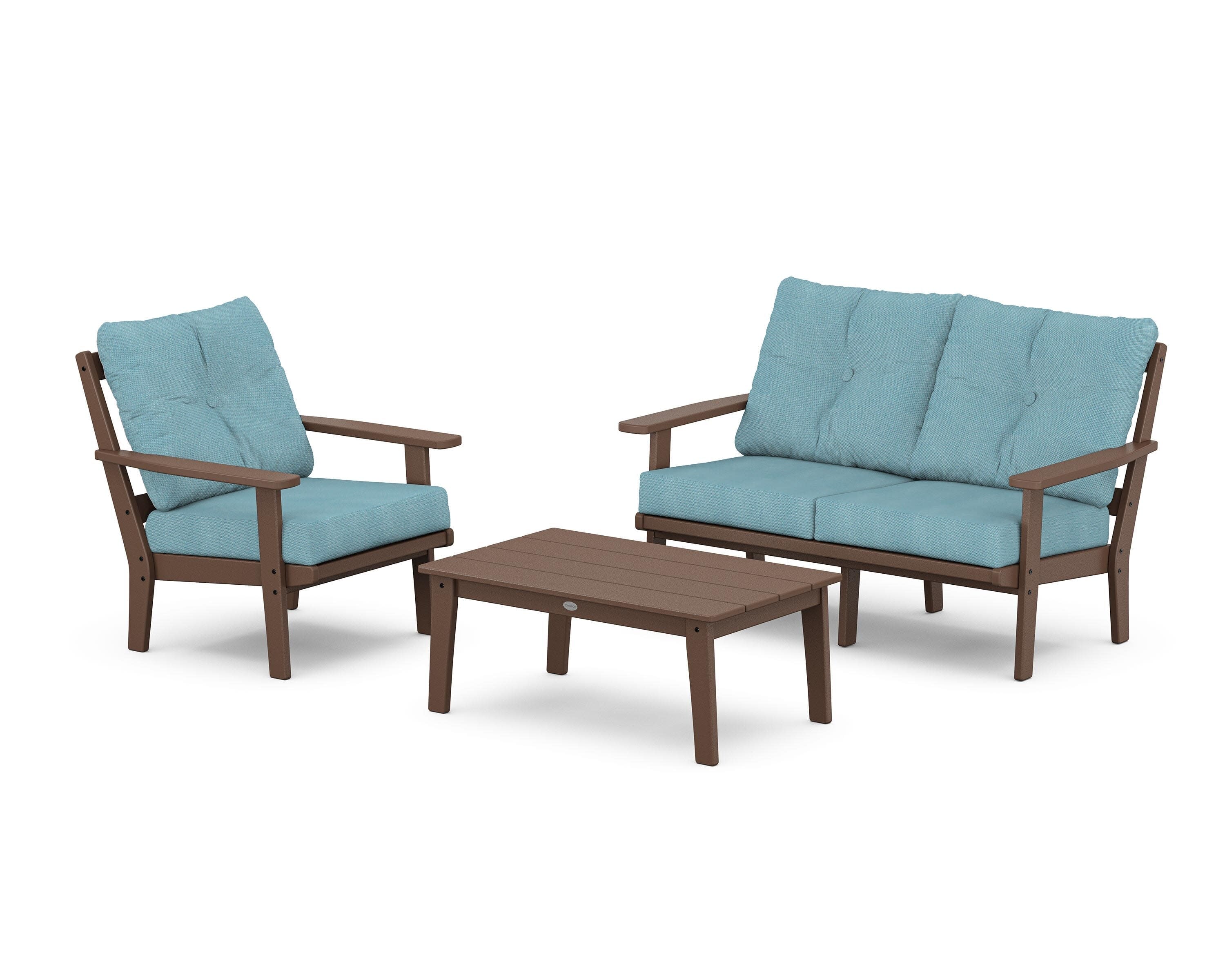 Prairie 3-Piece Deep Seating Set with Loveseat in Mahogany / Lattice Sky Blue