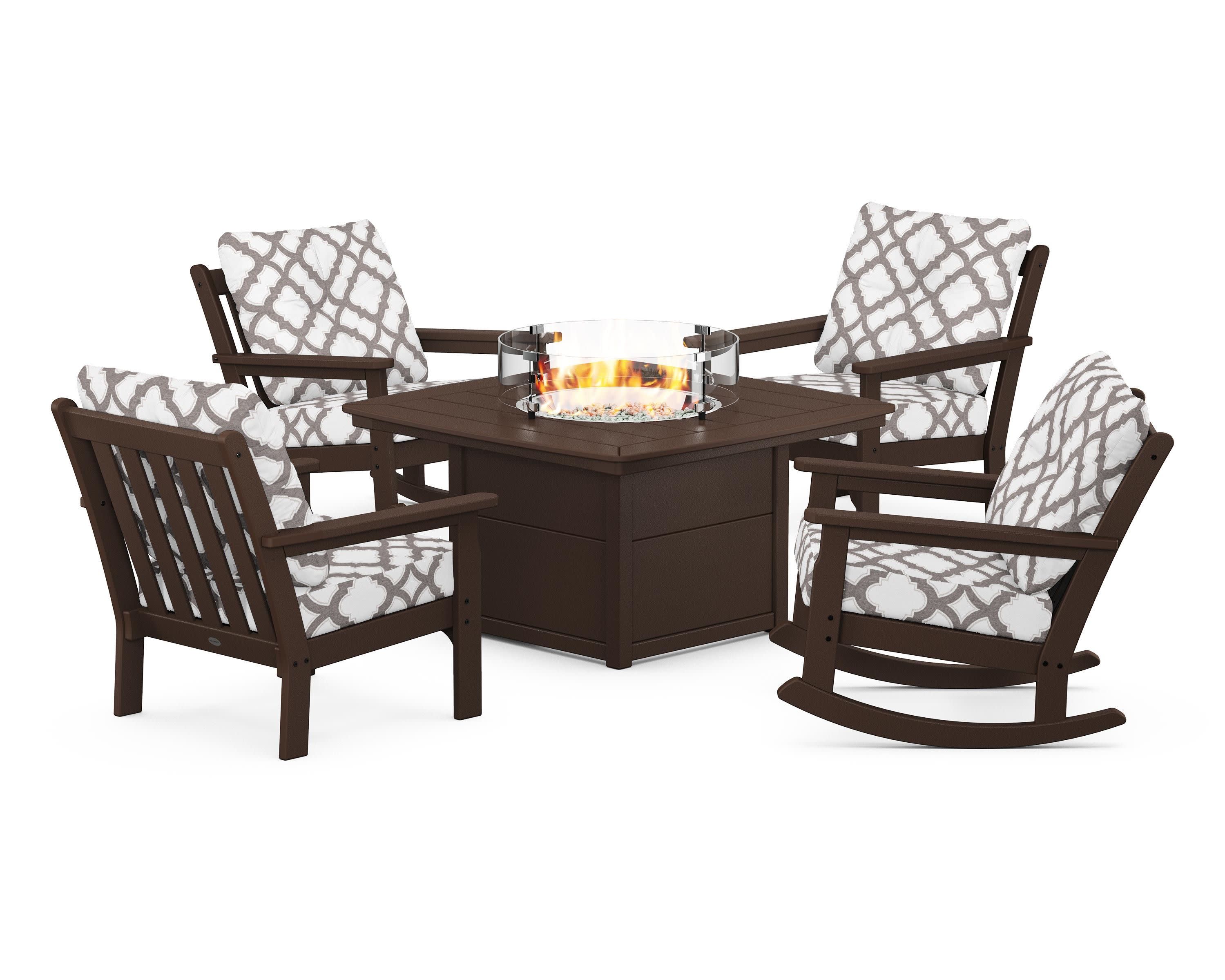 Vineyard 5-Piece Deep Seating Rocking Chair Conversation Set with Fire Pit Table in Mahogany / Trellis Grey Mist