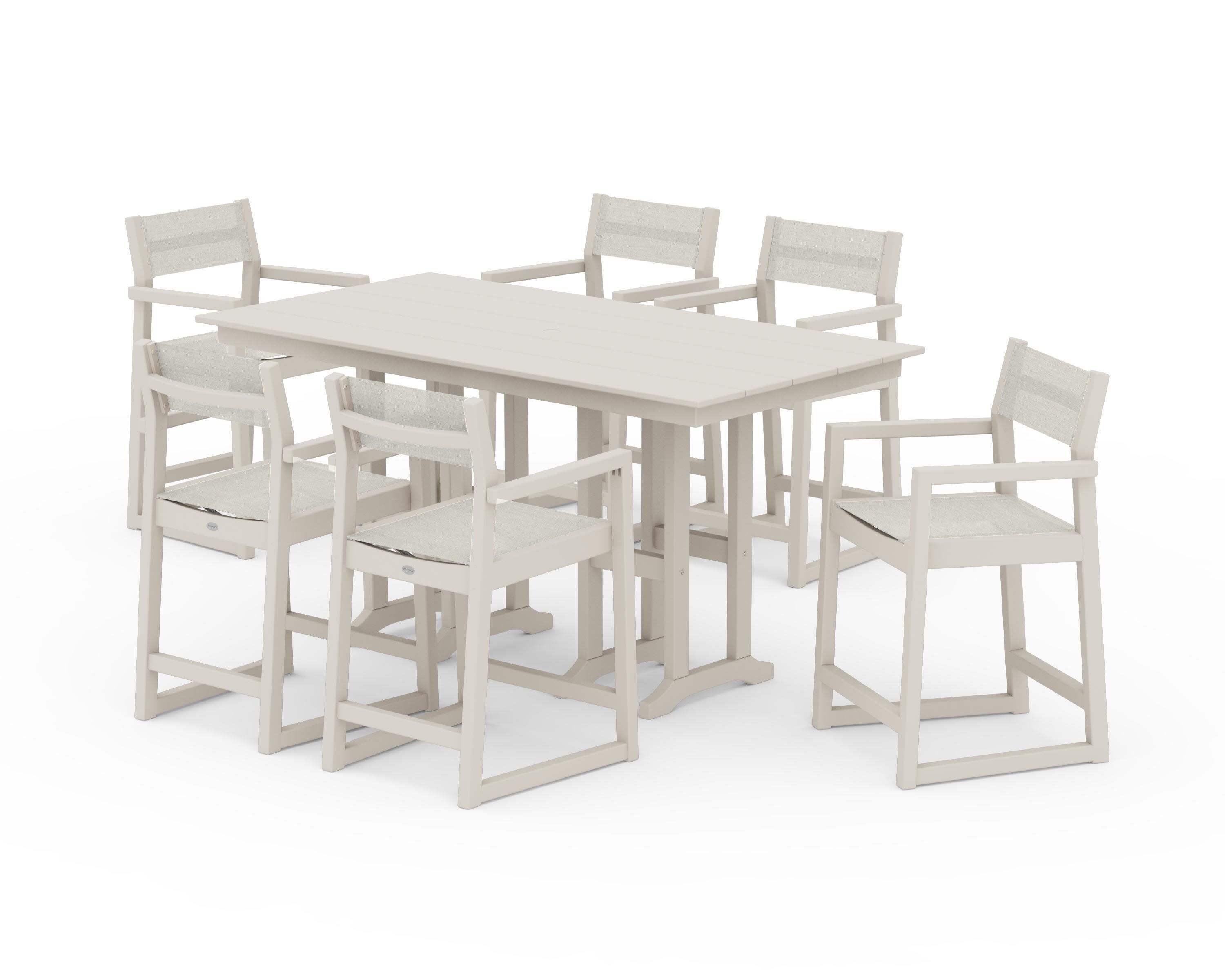EDGE Sling Arm Chair 7-Piece Farmhouse Counter Set in Sand / Parchment Sling