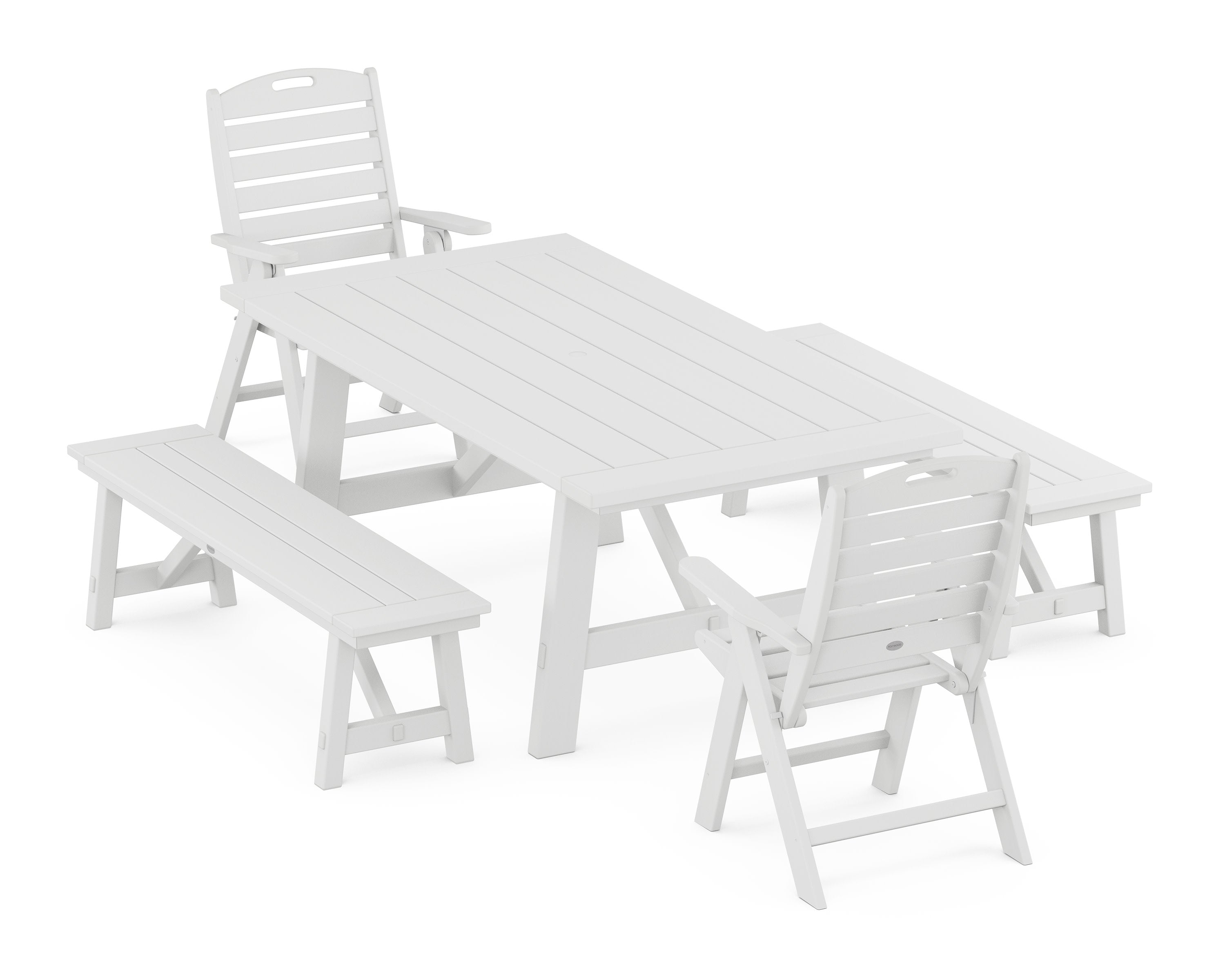Nautical Folding Highback Chair 5-Piece Rustic Farmhouse Dining Set With Benches in White