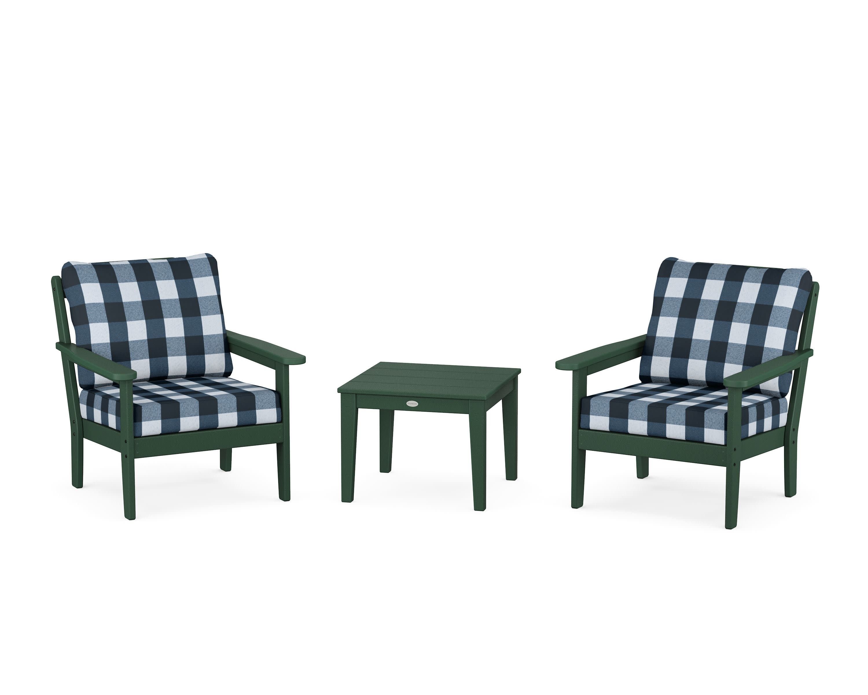 Cottage 3-Piece Deep Seating Set in Green / Buffalo Plaid Marine Indigo