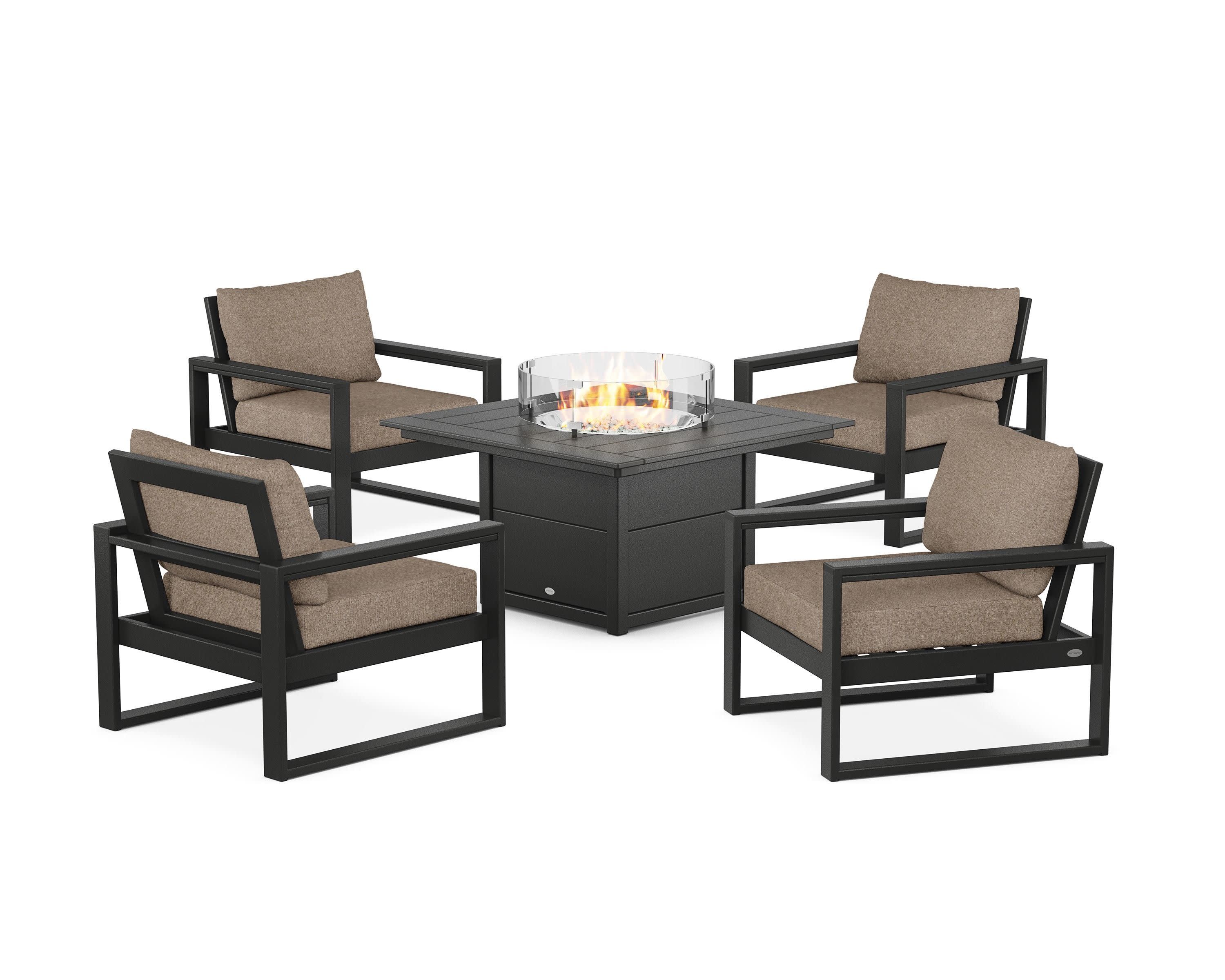 EDGE Sectional 5-Piece Deep Seating Set with Fire Pit Table in Black / Spiced Burlap