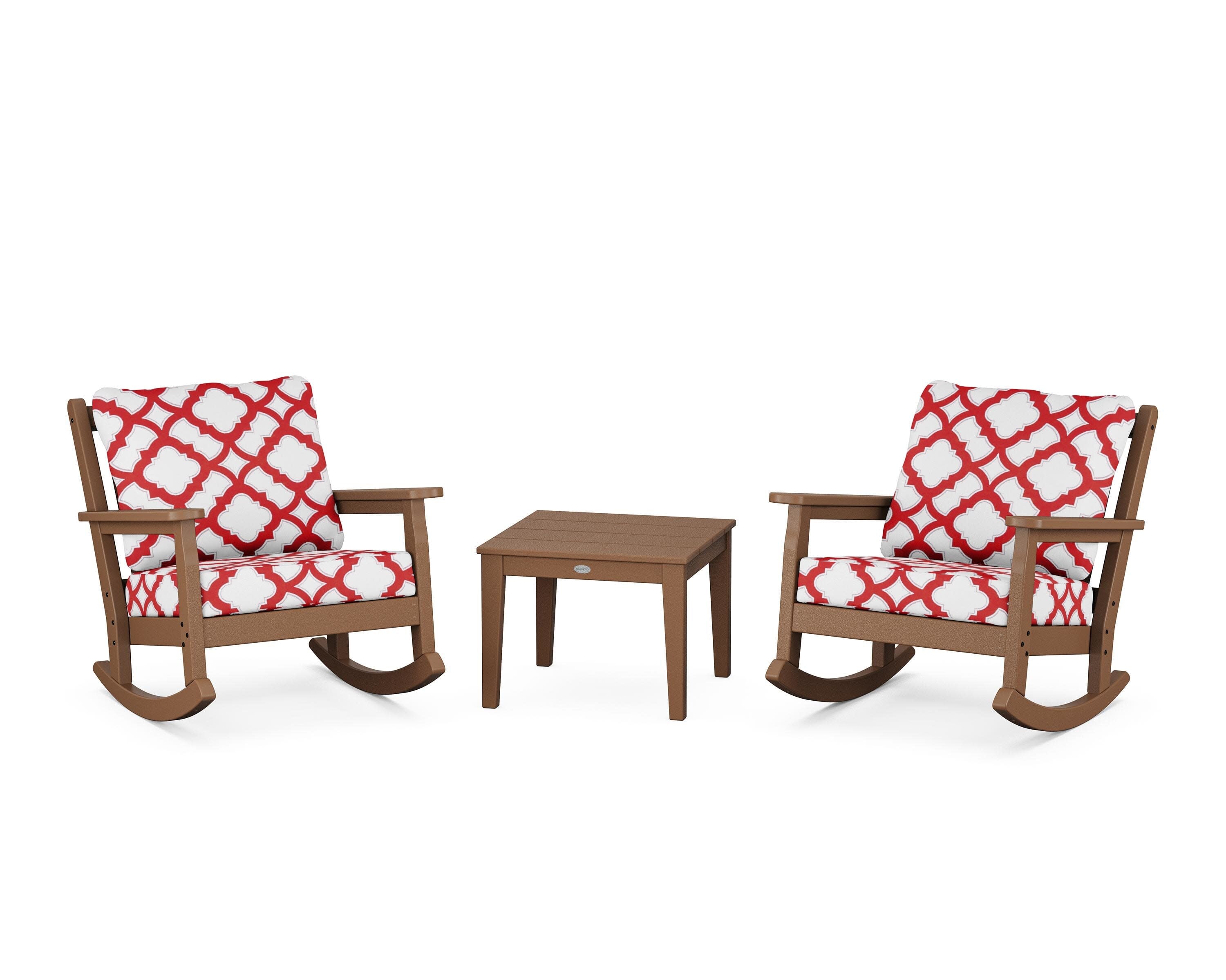 Chippendale 3-Piece Deep Seating Rocker Set in Teak / Trellis Crimson