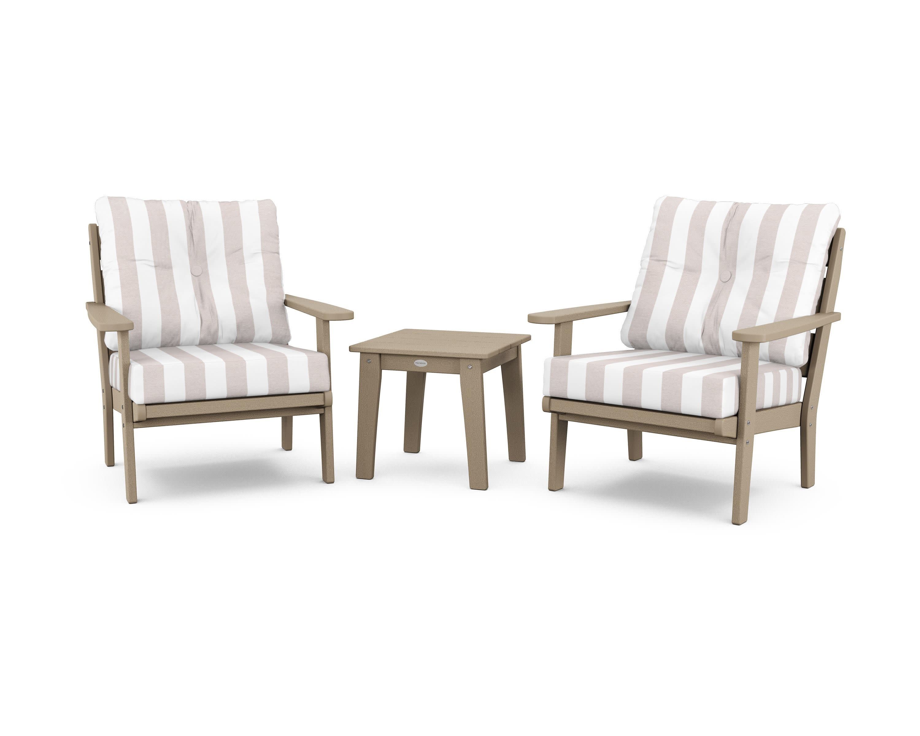 Lakeside 3-Piece Deep Seating Chair Set in Vintage Sahara / Cabana Stripe Dune Burlap