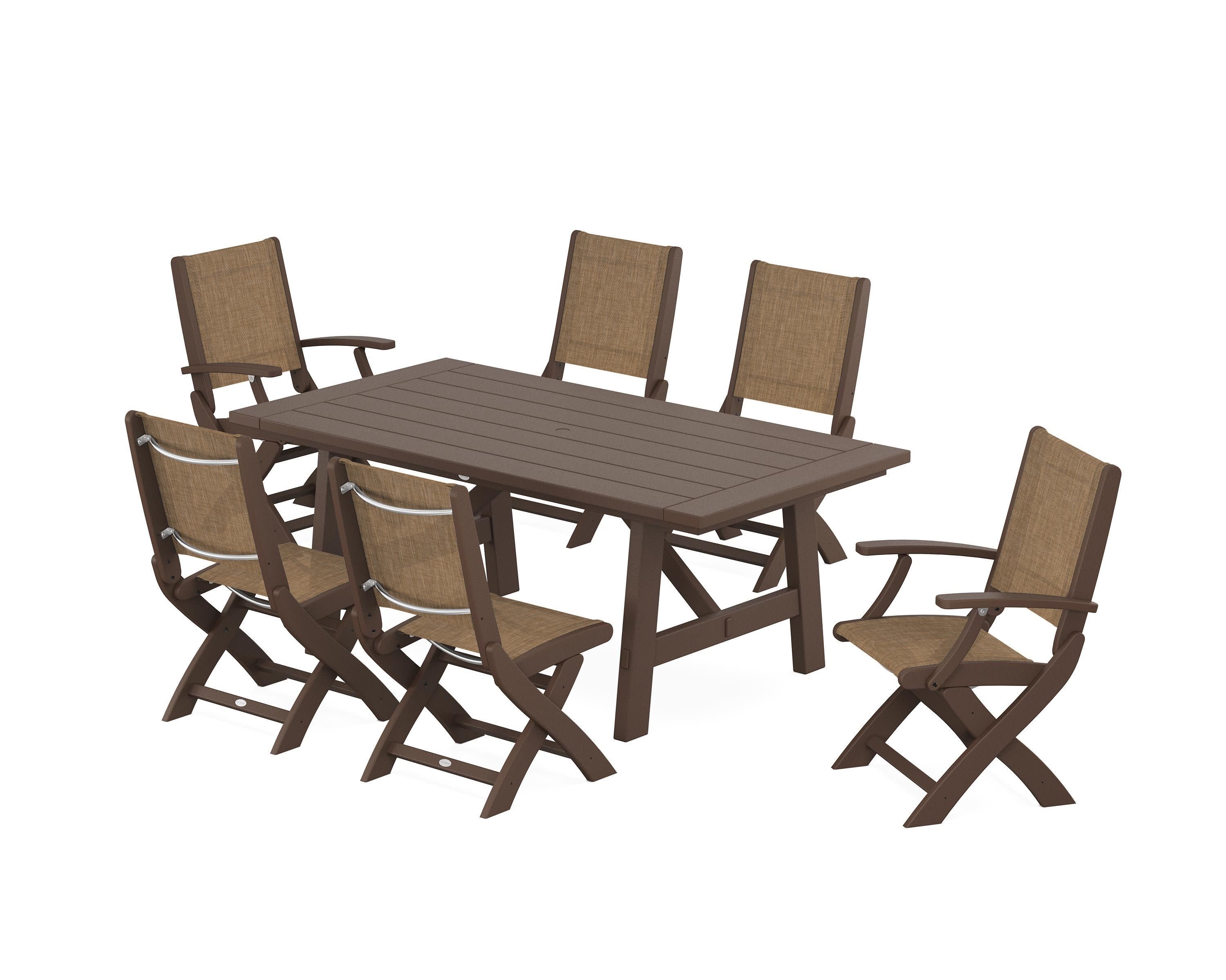 Coastal Folding Chair 7-Piece Rustic Farmhouse Dining Set in Mahogany / Burlap Sling