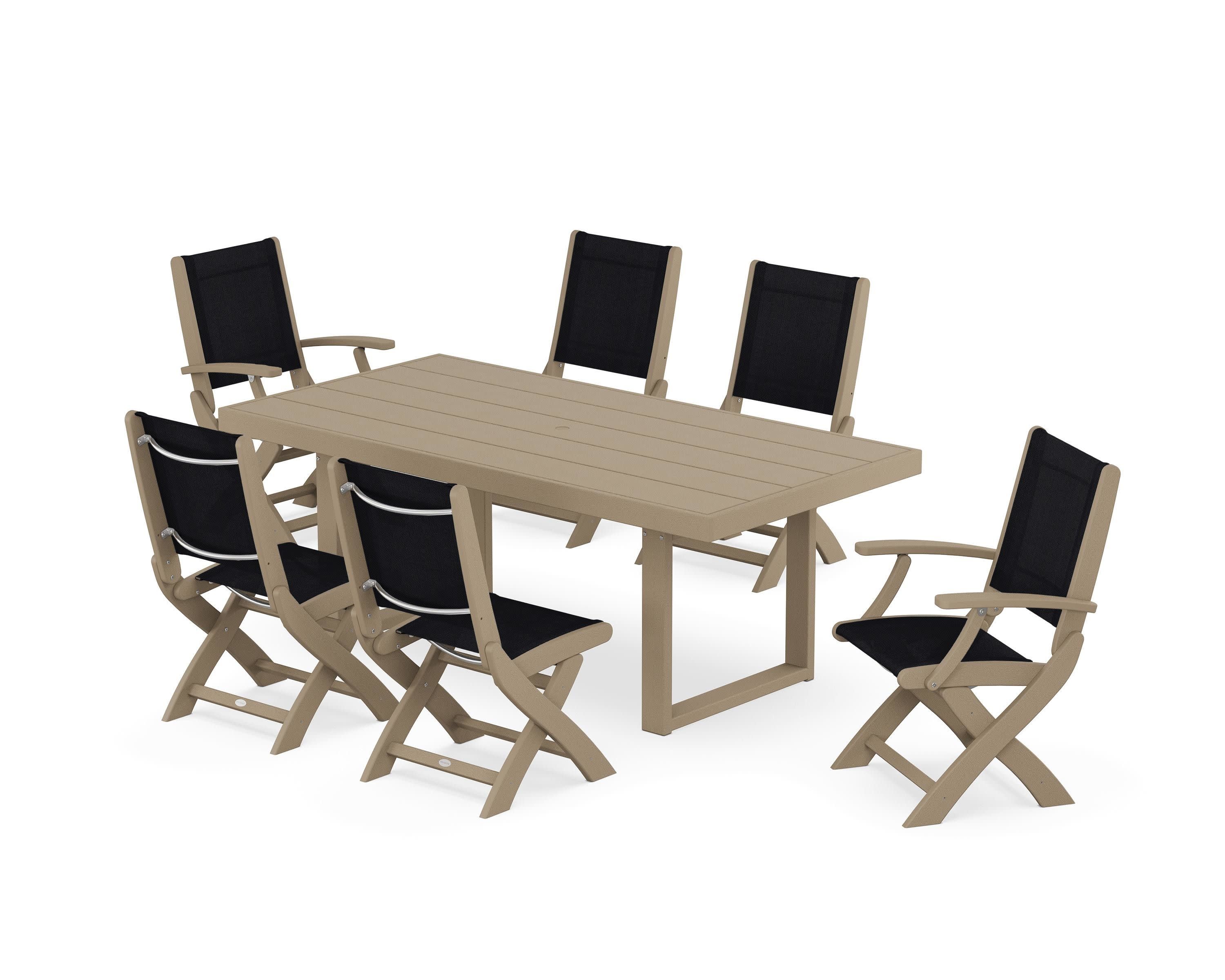 Coastal Folding Chair 7-Piece Dining Set with Trestle Legs in Vintage Sahara / Black Sling
