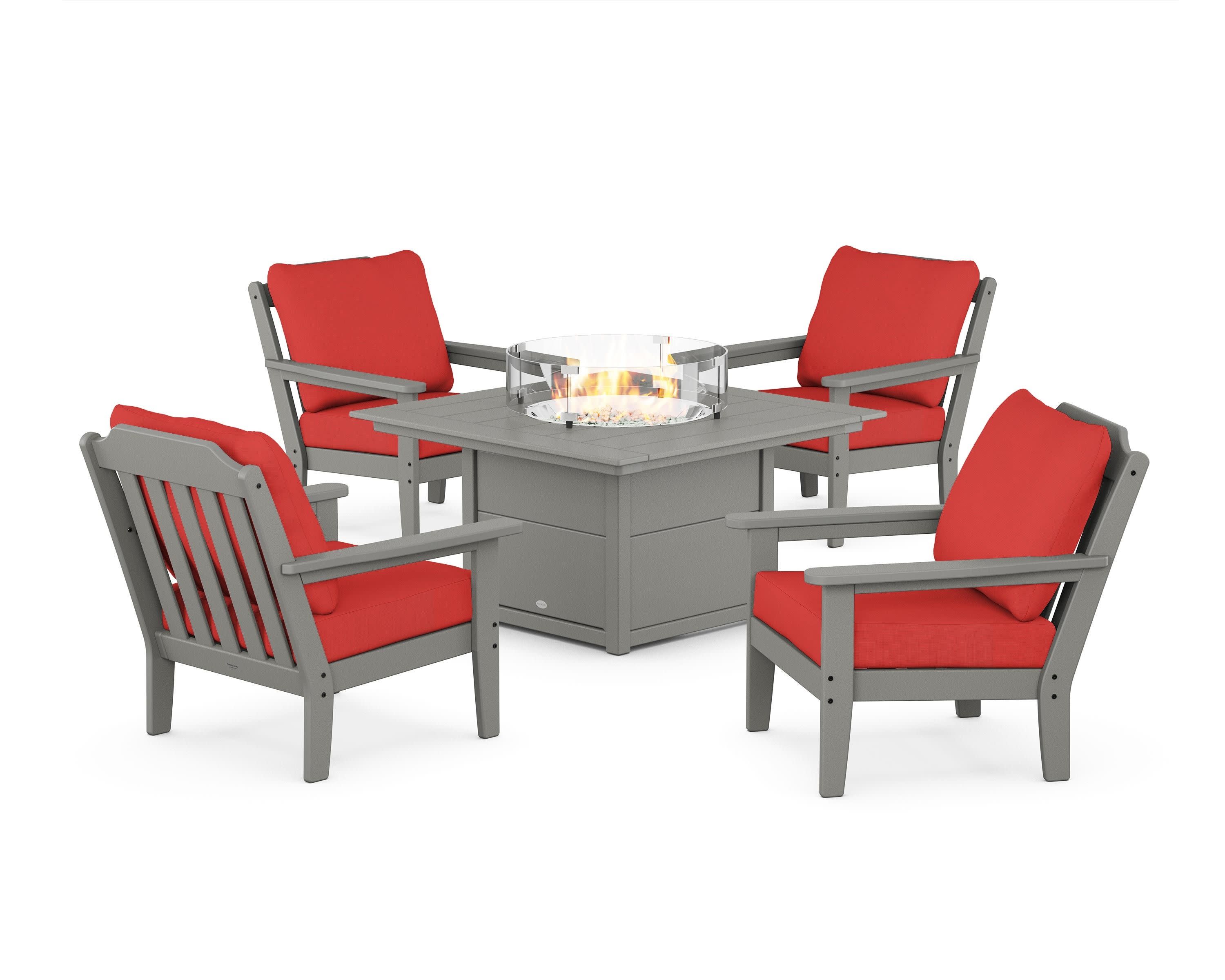 Cottage 5-Piece Deep Seating Set with Fire Pit Table in Slate Grey / Crimson Linen