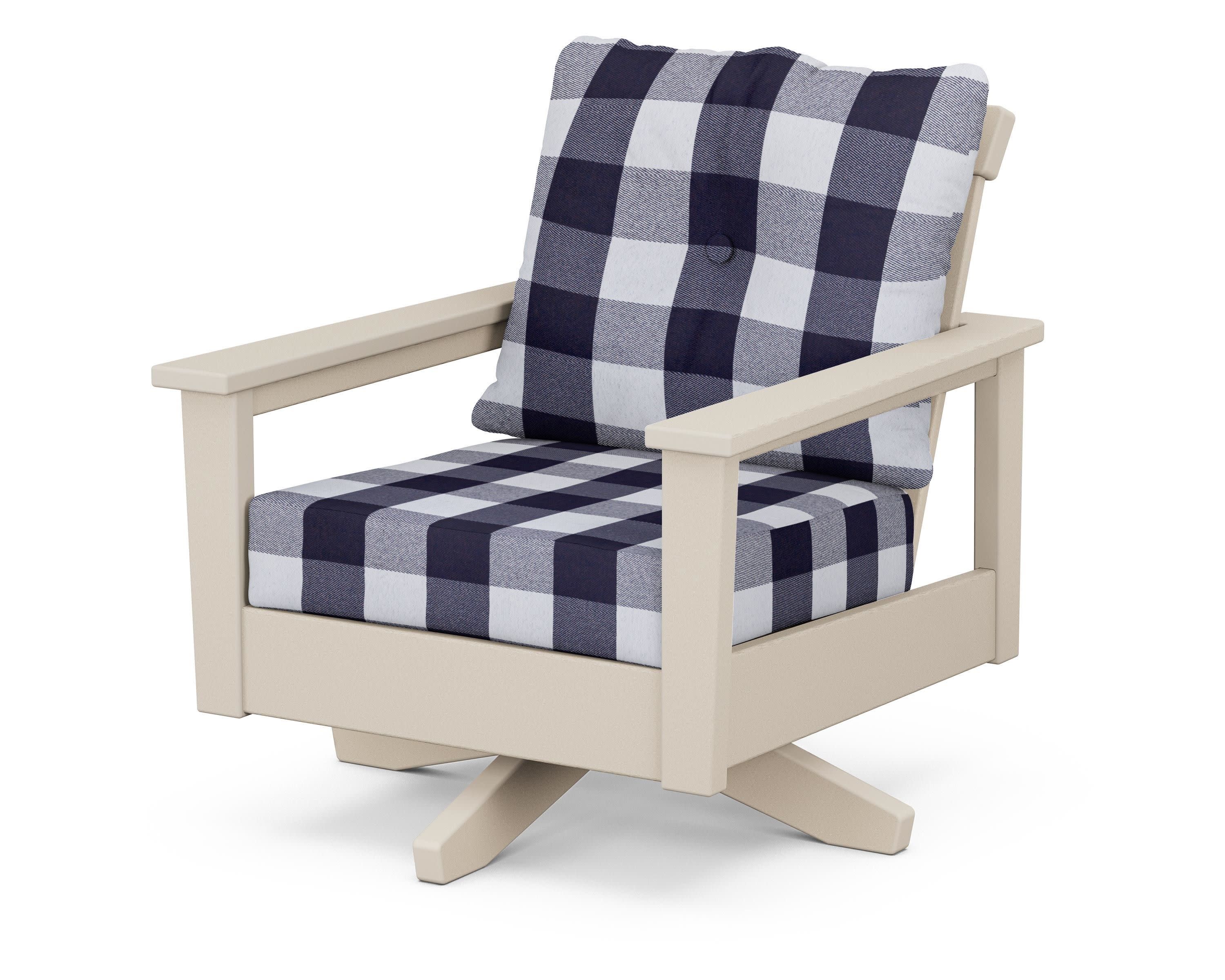 Prescott Deep Seating Swivel Chair in Sand / Buffalo Plaid Navy