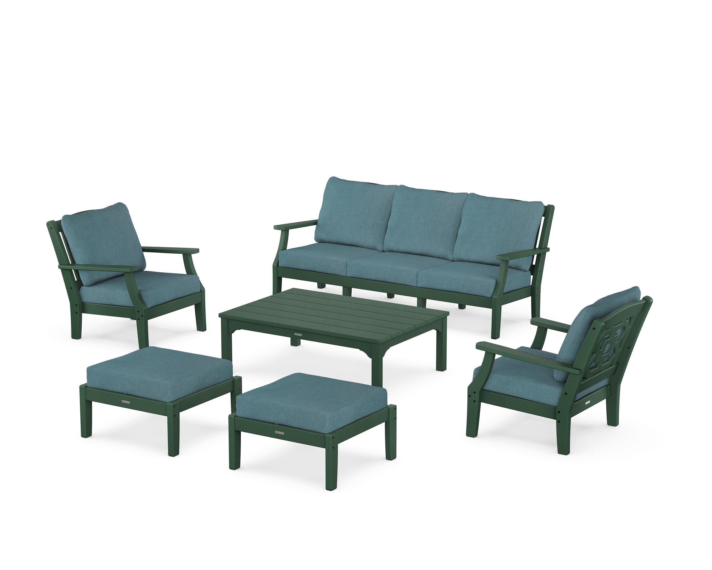 Chinoiserie 6-Piece Lounge Sofa Set in Green / Ocean Teal