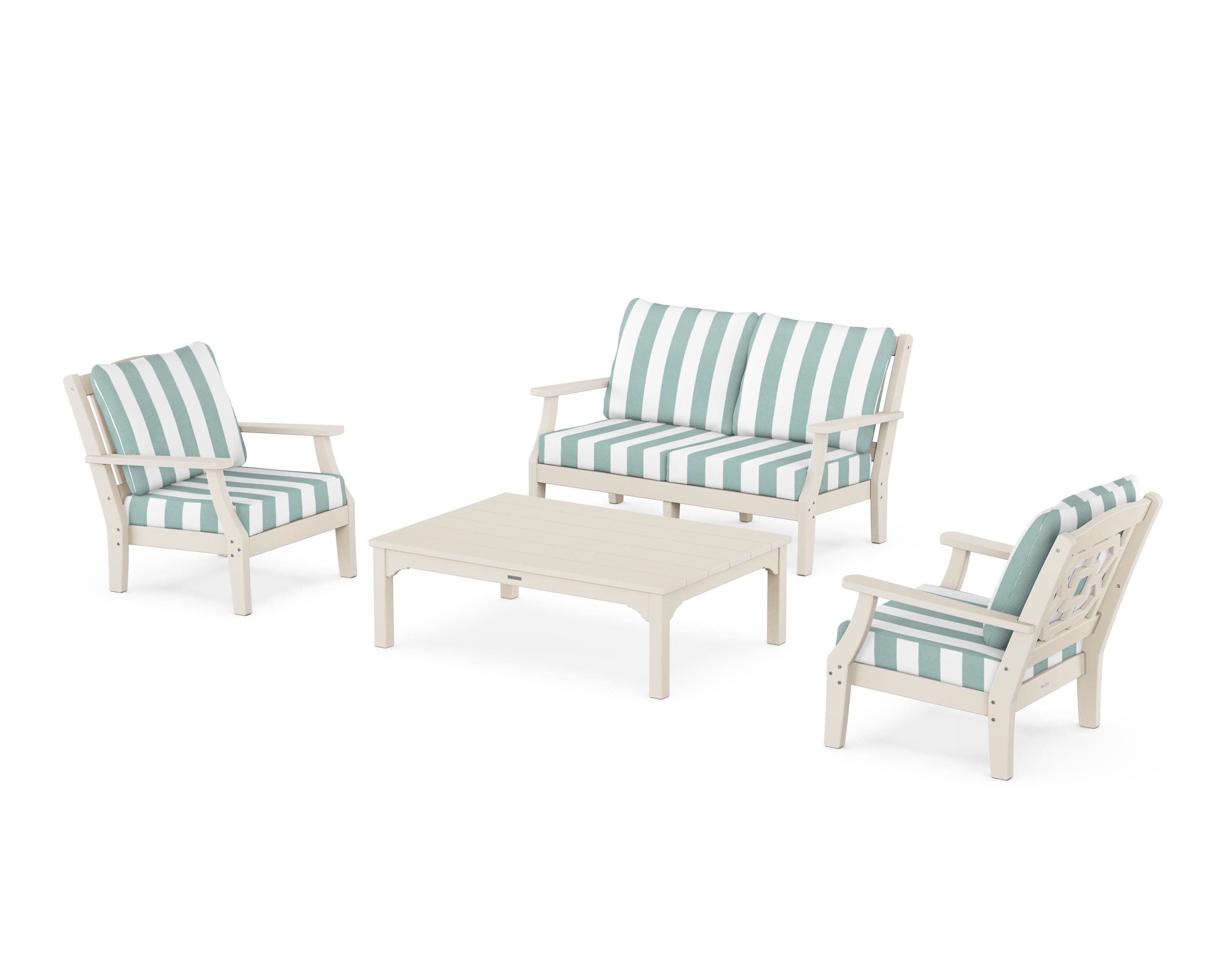 Chinoiserie 4-Piece Deep Seating Set with Loveseat in Sand / Cabana Stripe Glacier Spa