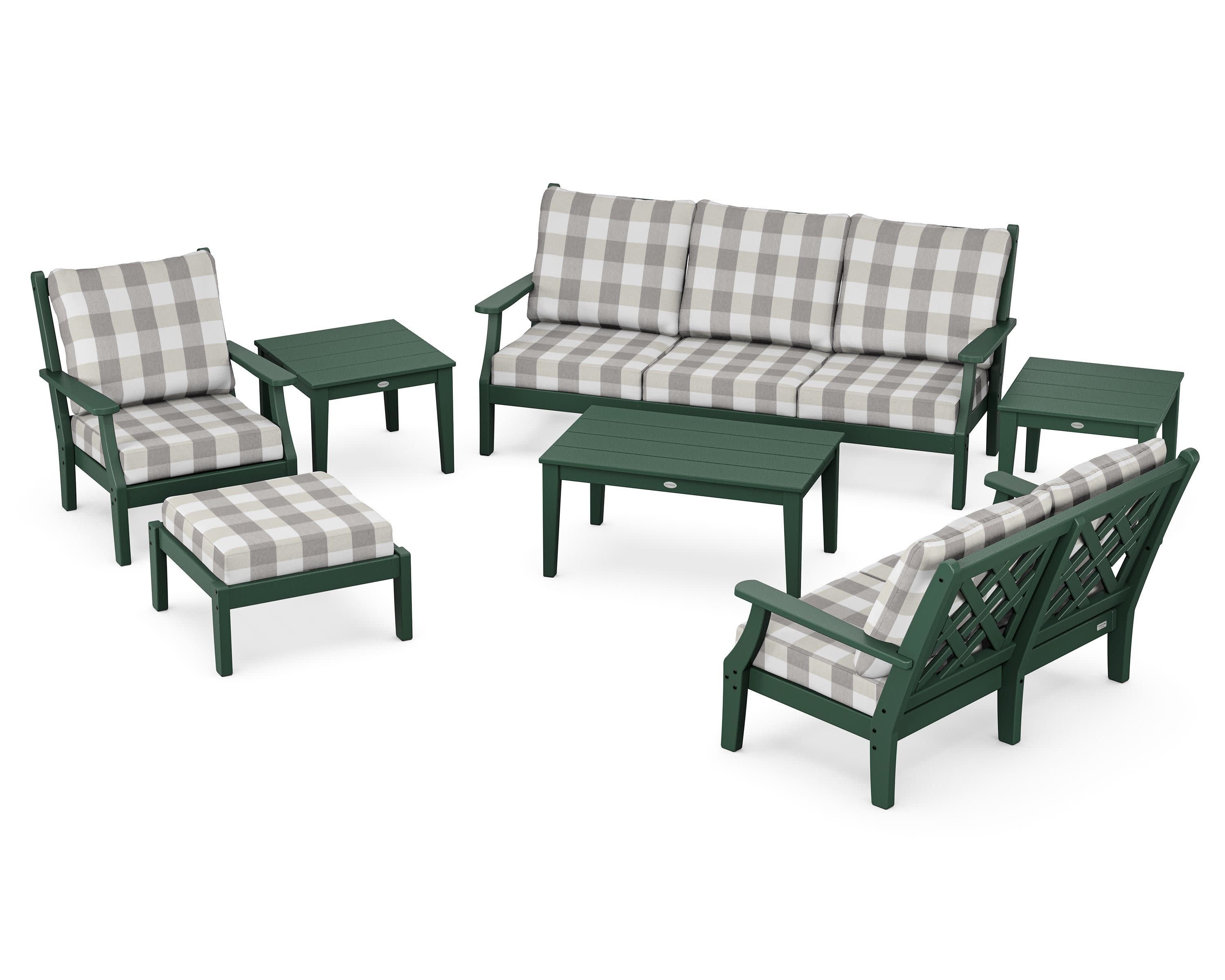 Wovendale 7-Piece Deep Seating Set in Green / Buffalo Plaid Grey Mist
