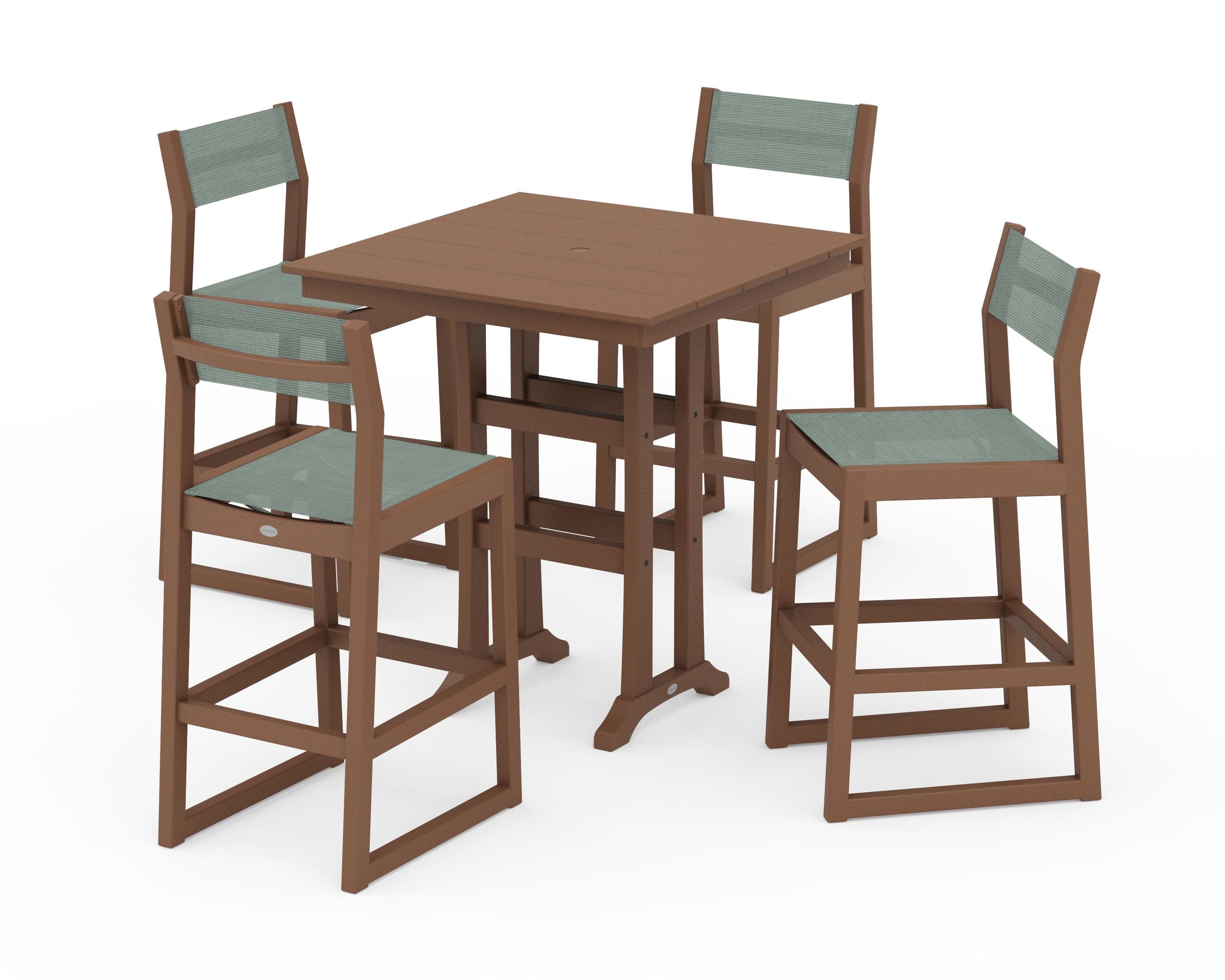 EDGE Sling Arm Chair 5-Piece Farmhouse Bar Set with Trestle Legs in Teak / Dupioni Sea Mist Sling