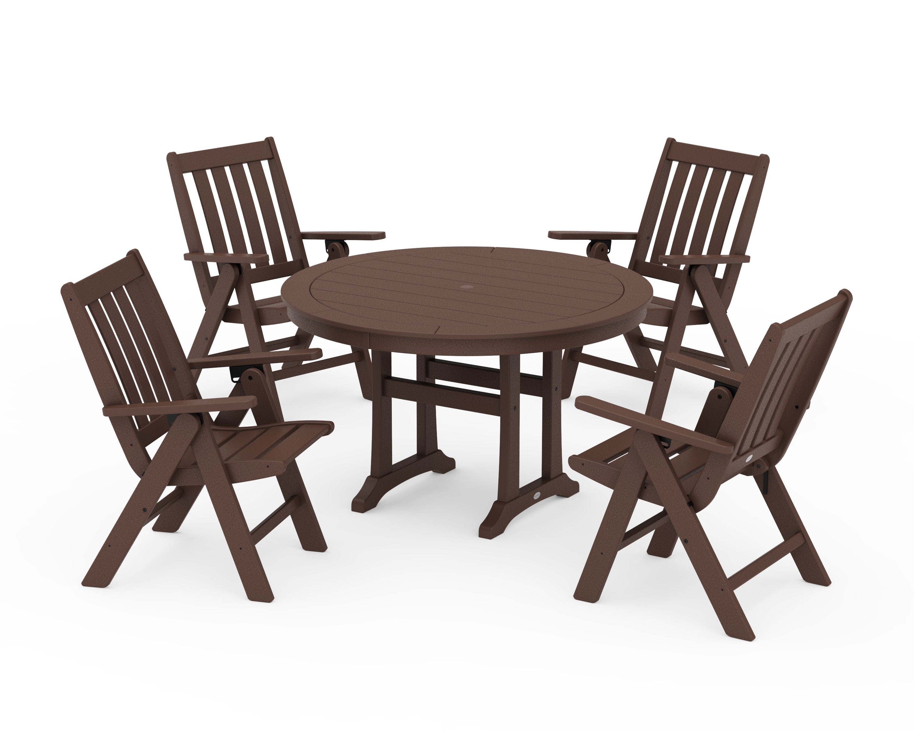Vineyard Folding Chair 5-Piece Round Dining Set with Trestle Legs in Mahogany